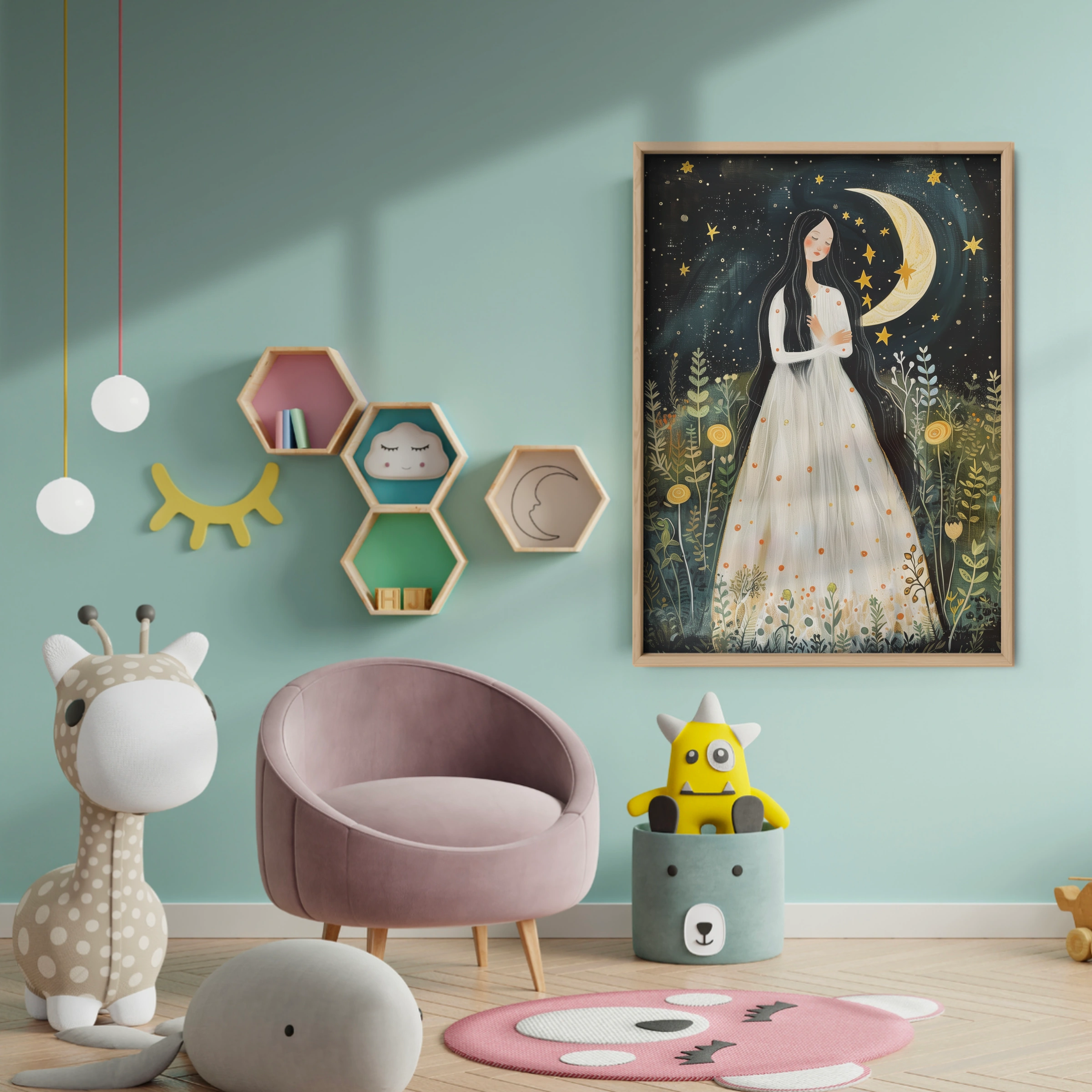 Woman and the Moon Nursery Print - baby room wall decor print