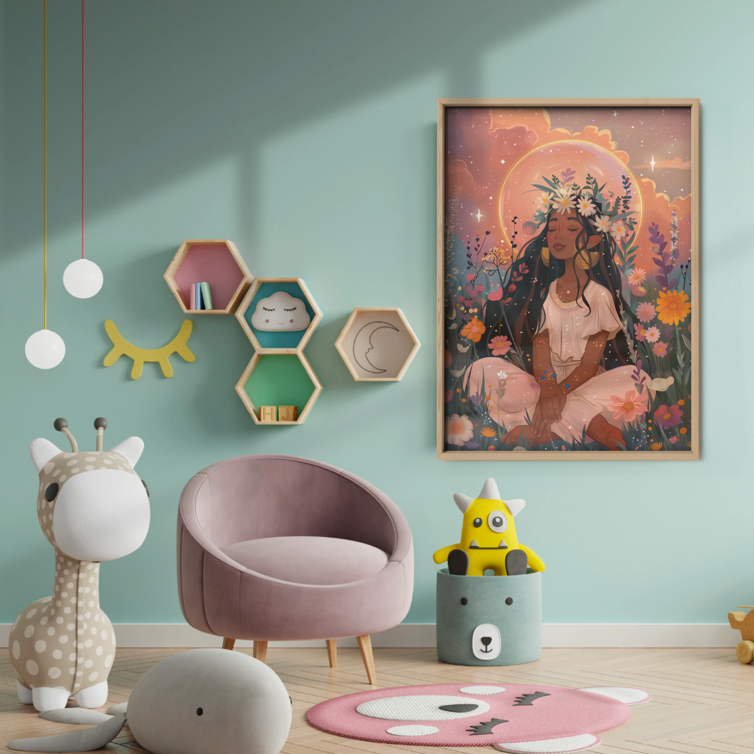 Woman with a Flower Halo Nursery Print - baby room wall decor print