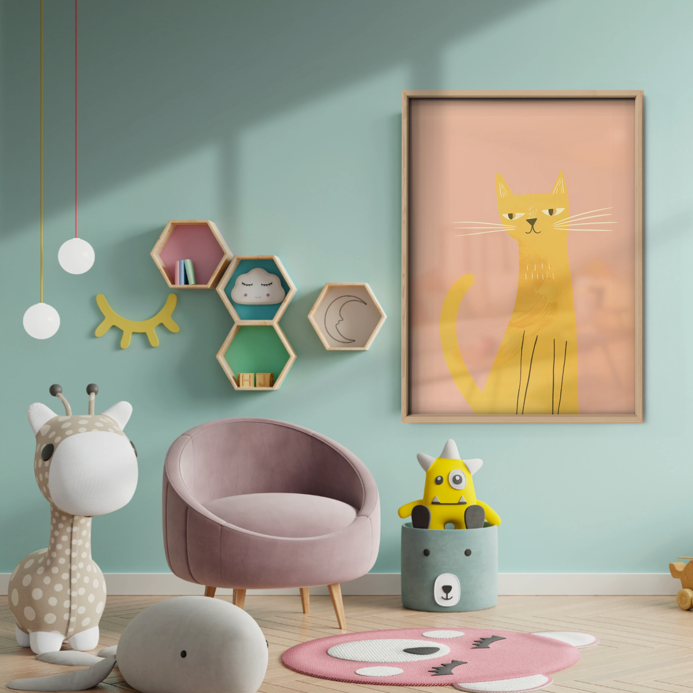 Yellow Cat Nursery Print - baby room wall decor print