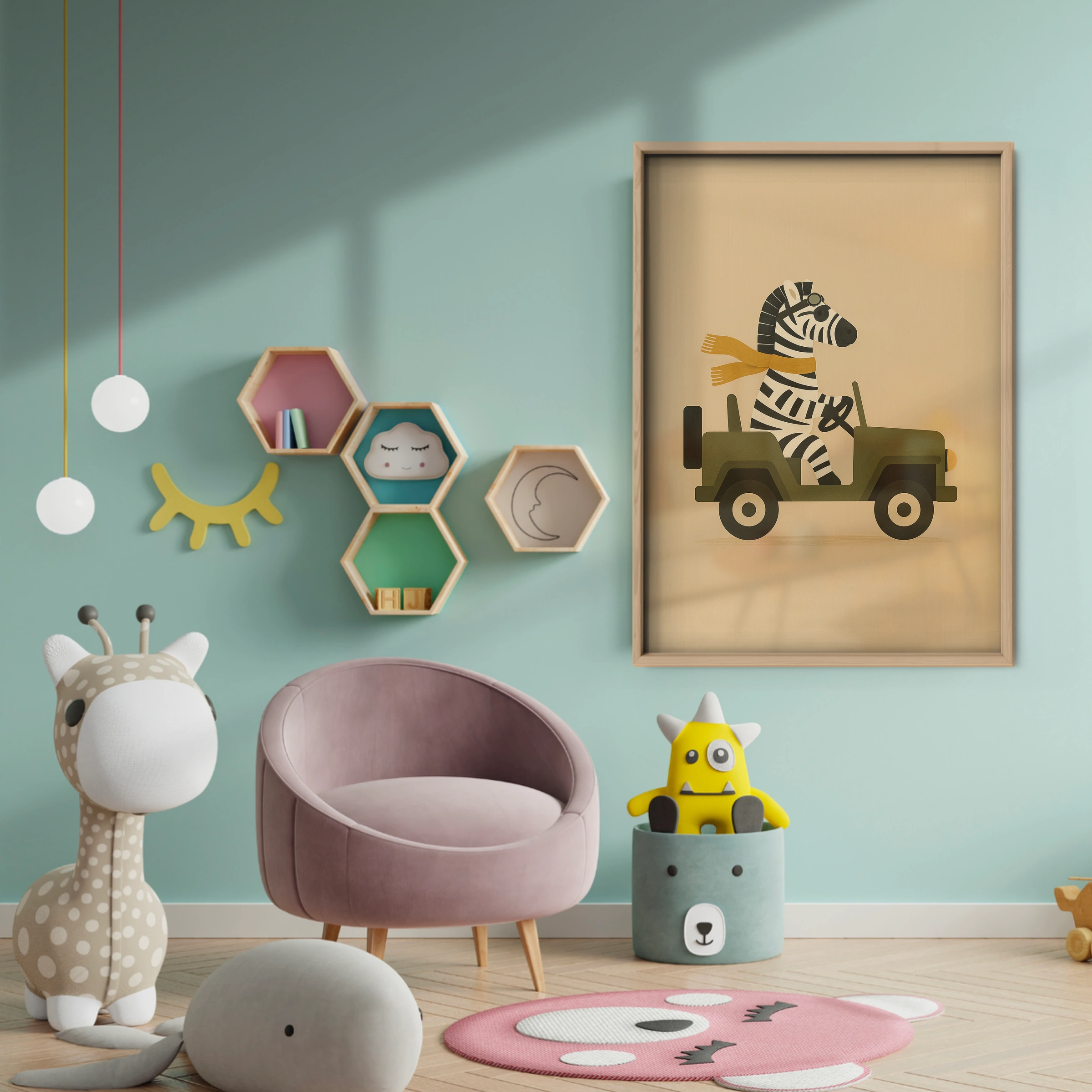 Zebra in a Jeep Nursery Print - baby room wall decor print