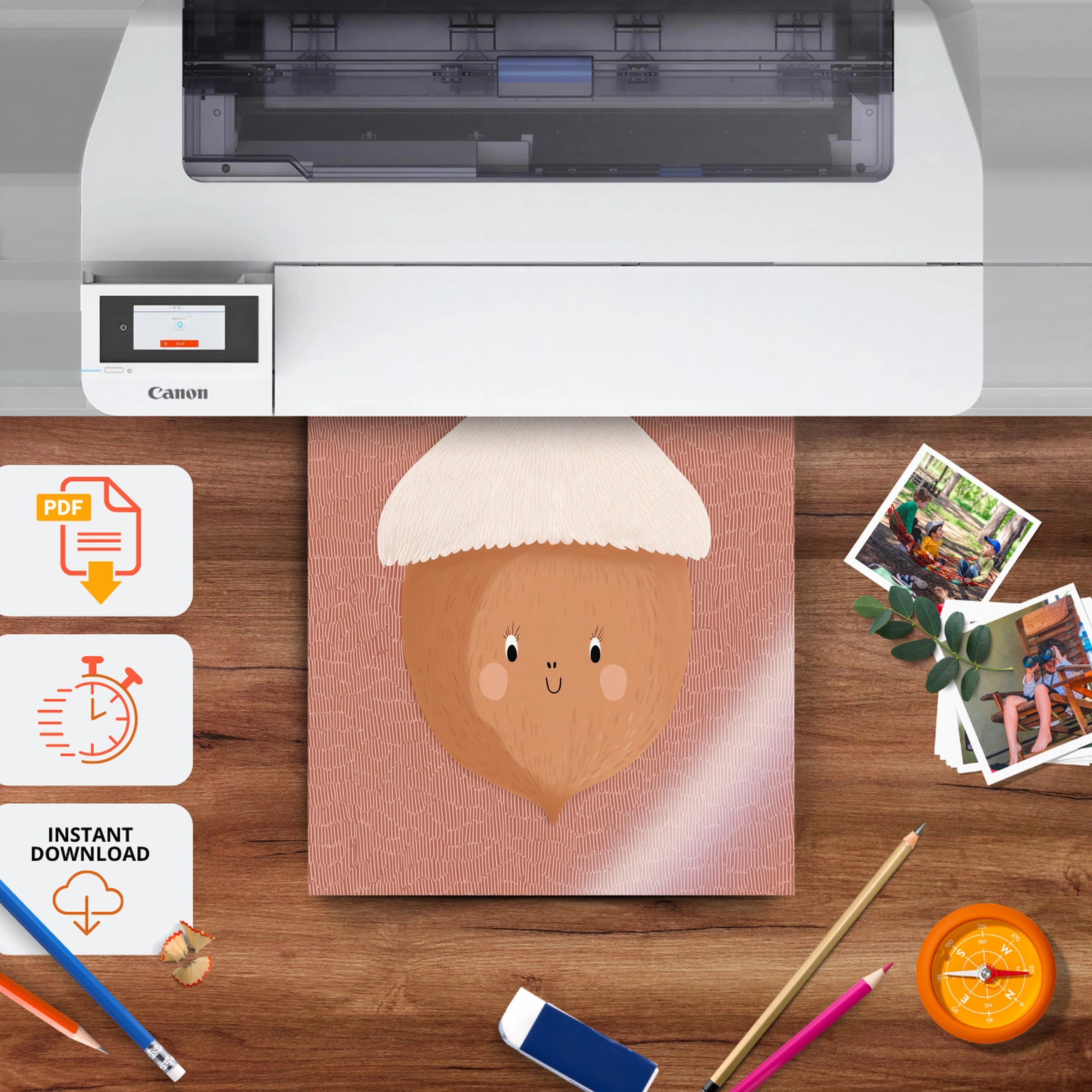 Acorn Friend Nursery Print - printable nursery wall art, instant download to print at home