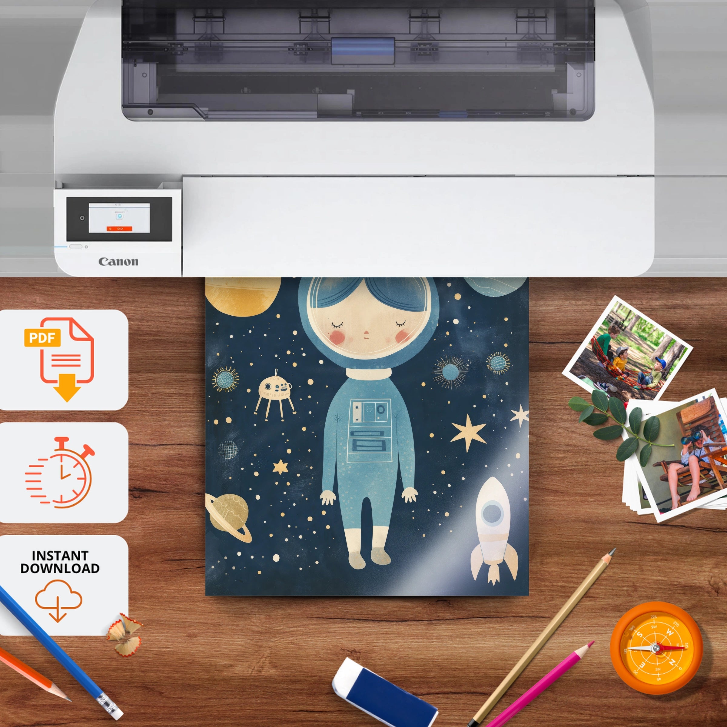 Astronaut Among Planets Nursery Print - printable nursery wall art, instant download to print at home