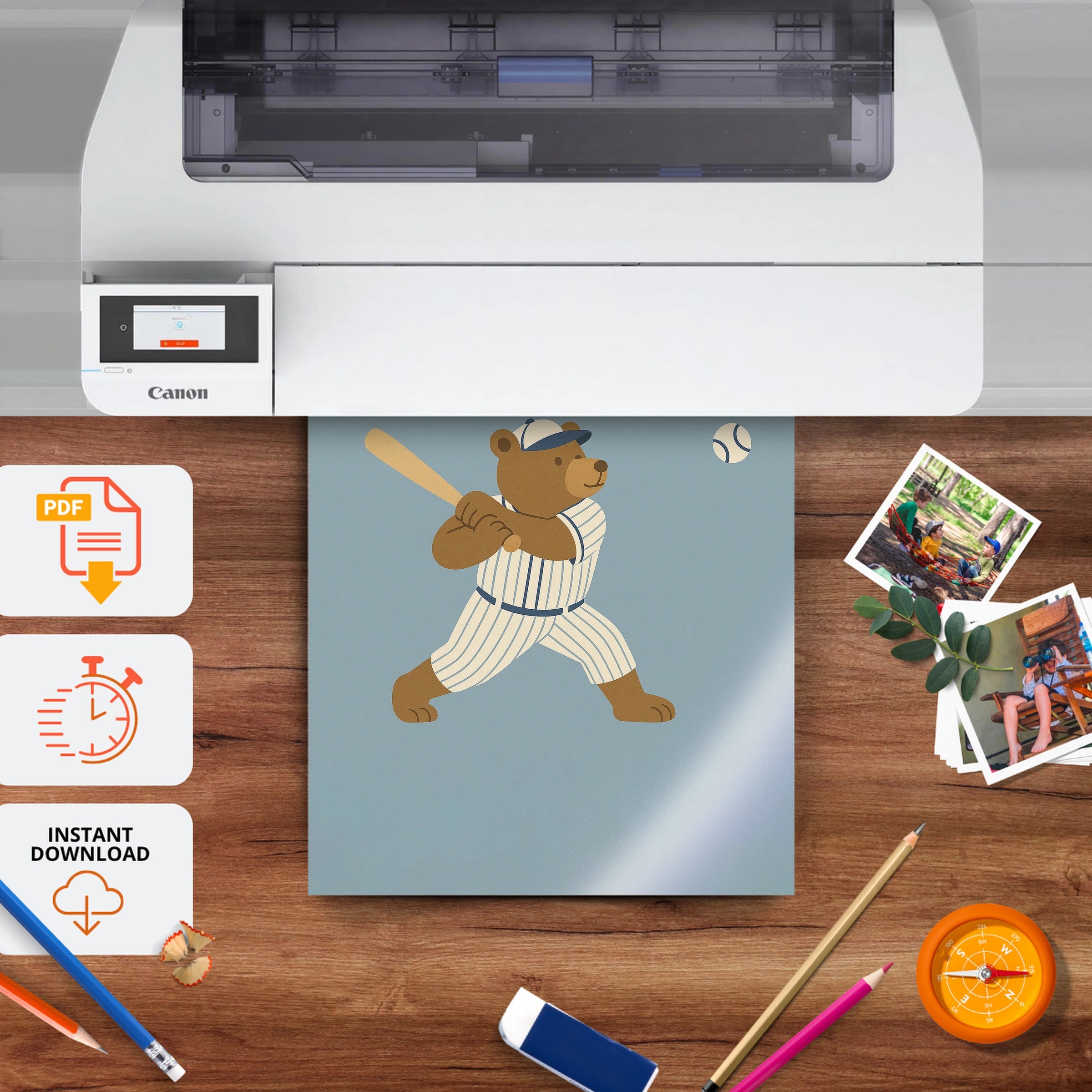 Baseball Bear Nursery Print - printable nursery wall art, instant download to print at home