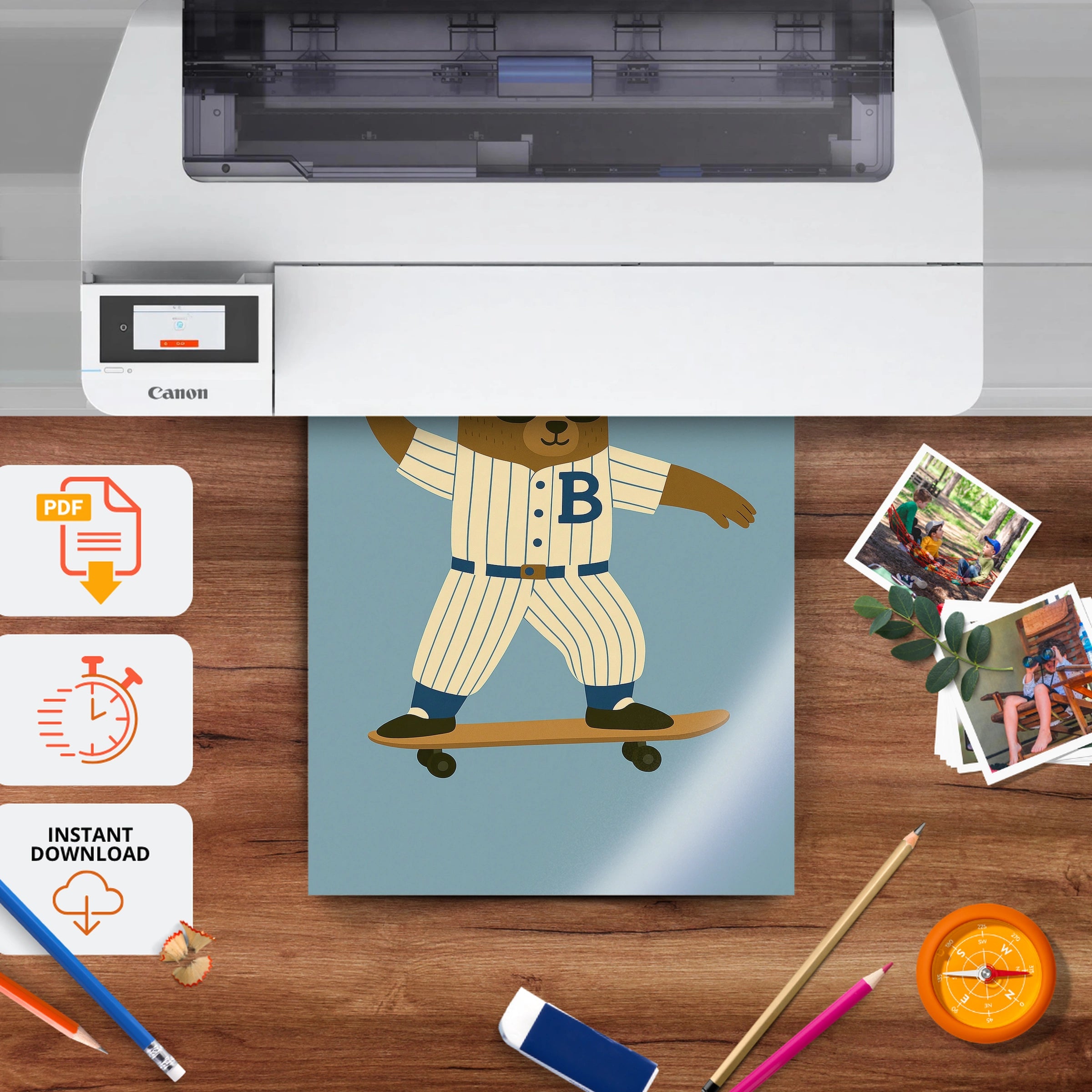 Baseball Skater Bear Nursery Print - printable nursery wall art, instant download to print at home