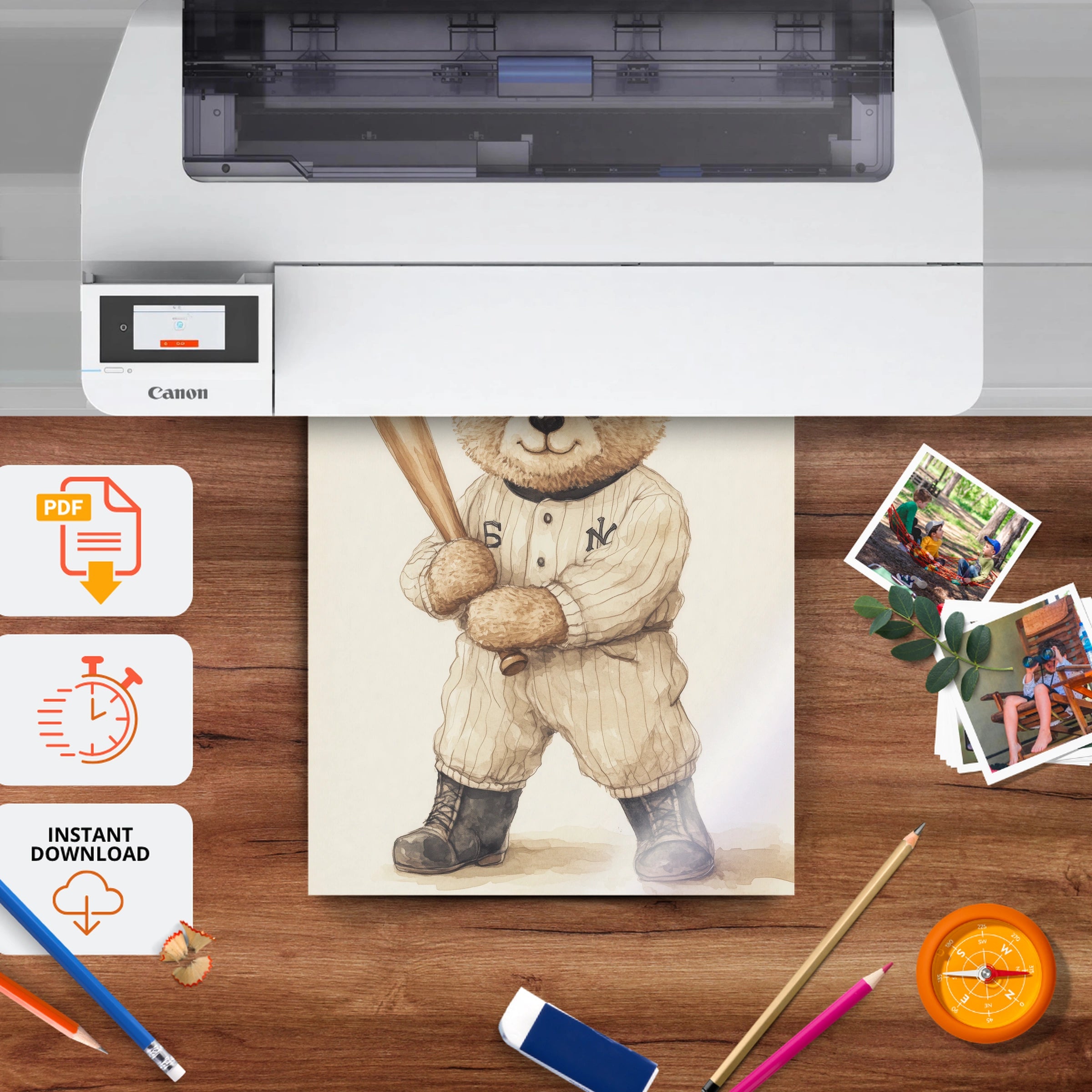 Baseball Teddy Bear Nursery Print - printable nursery wall art, instant download to print at home