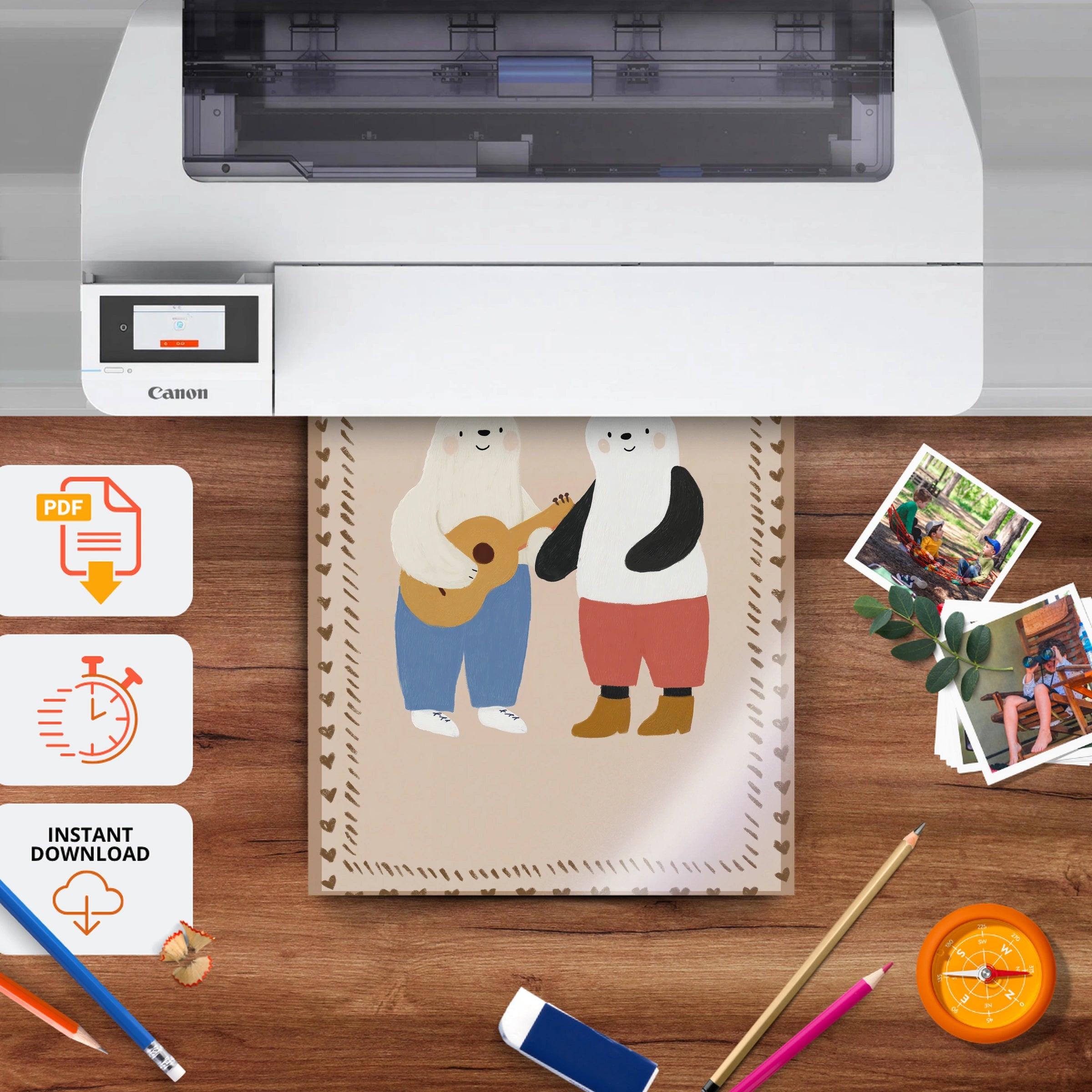 Bear and Panda Band Nursery Print - printable nursery wall art, instant download to print at home