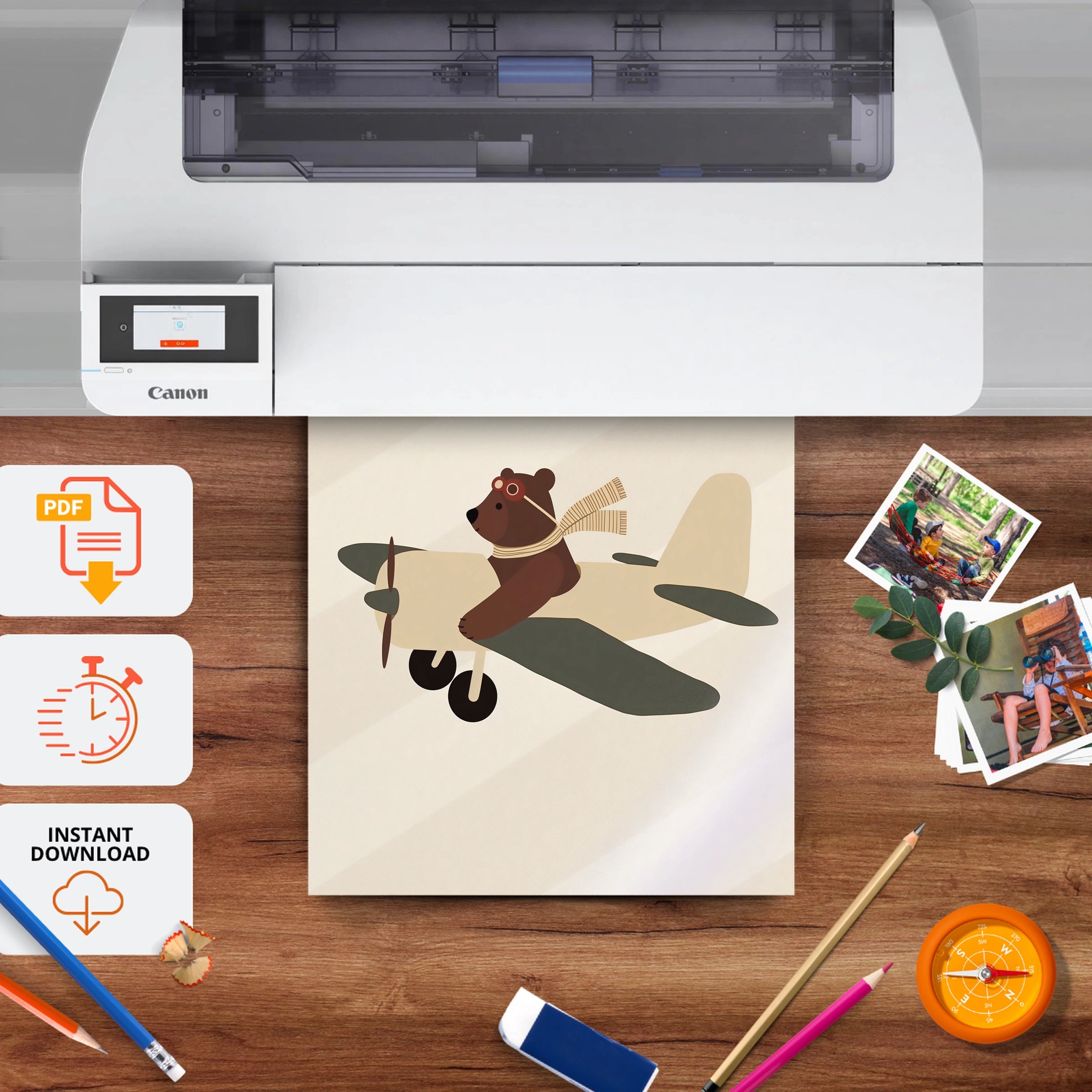 Bear Aviator in a Plane Nursery Print - printable nursery wall art, instant download to print at home