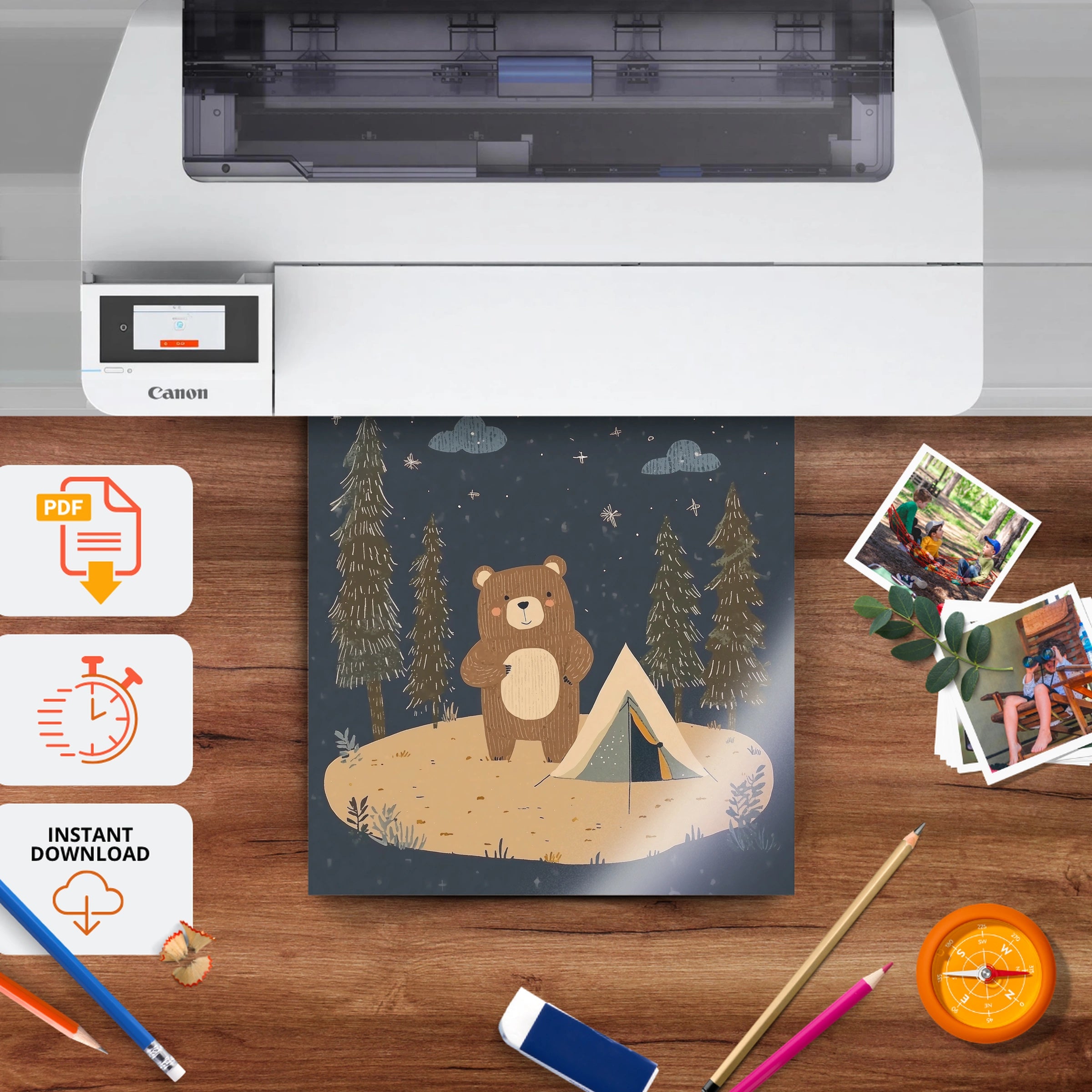 Bear Camping Nursery Print - printable nursery wall art, instant download to print at home