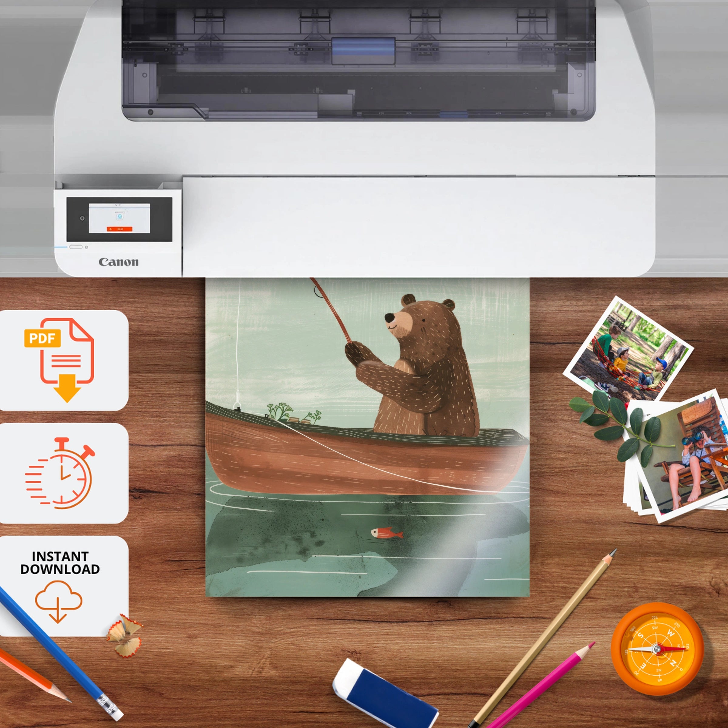 Bear Fishing at Dawn Nursery Print - printable nursery wall art, instant download to print at home