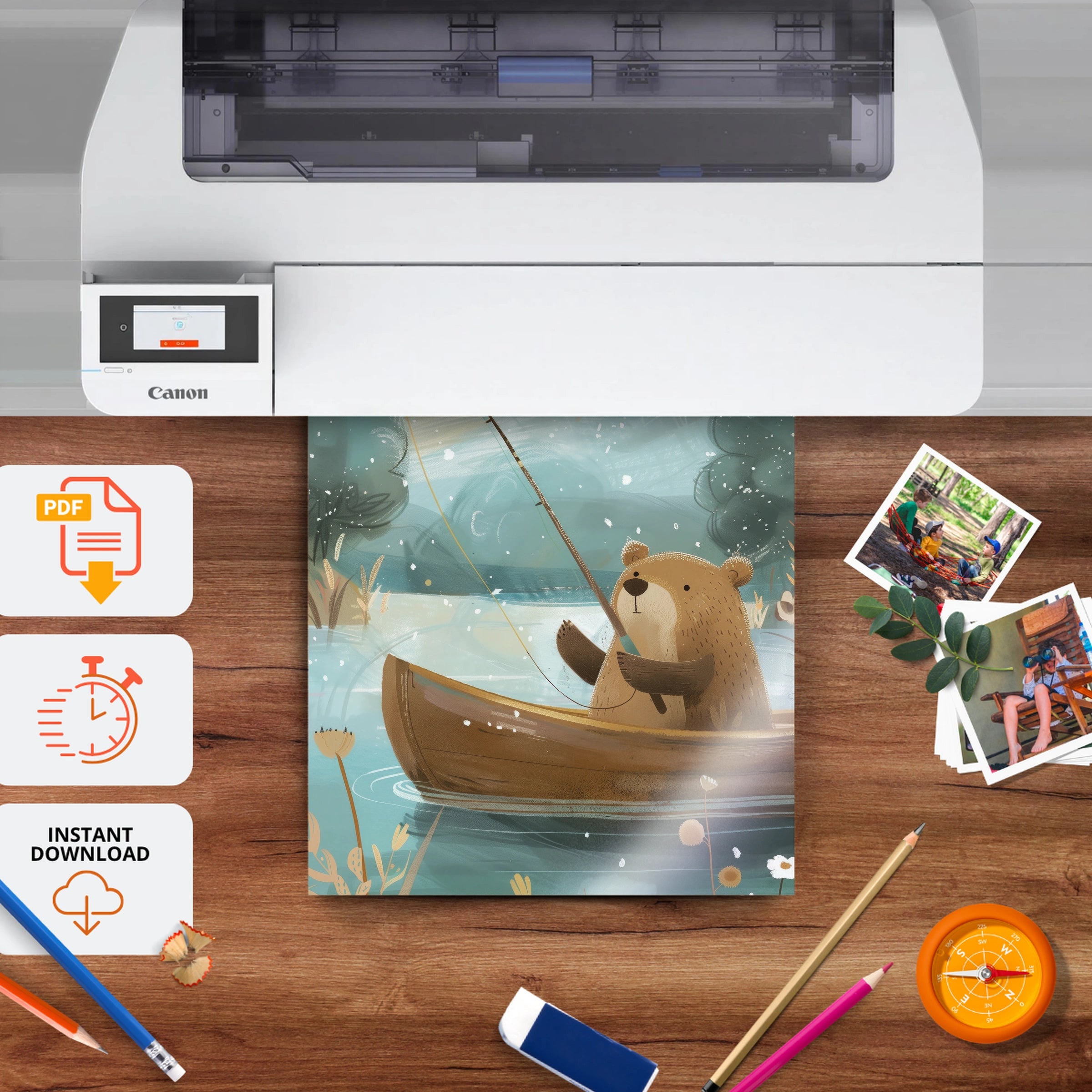 Bear Fishing Nursery Print - printable nursery wall art, instant download to print at home