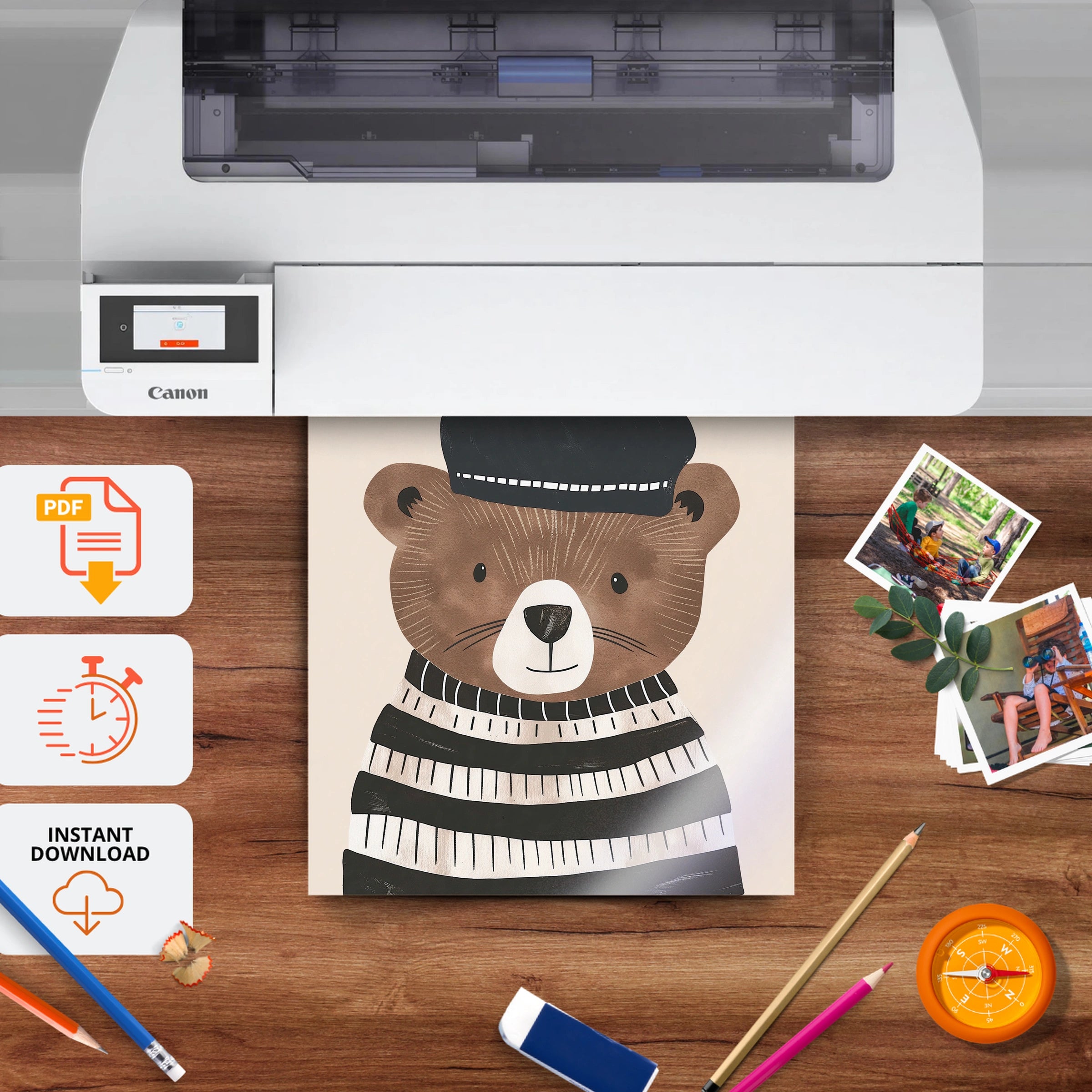 Bear in a Beret Nursery Print - printable nursery wall art, instant download to print at home