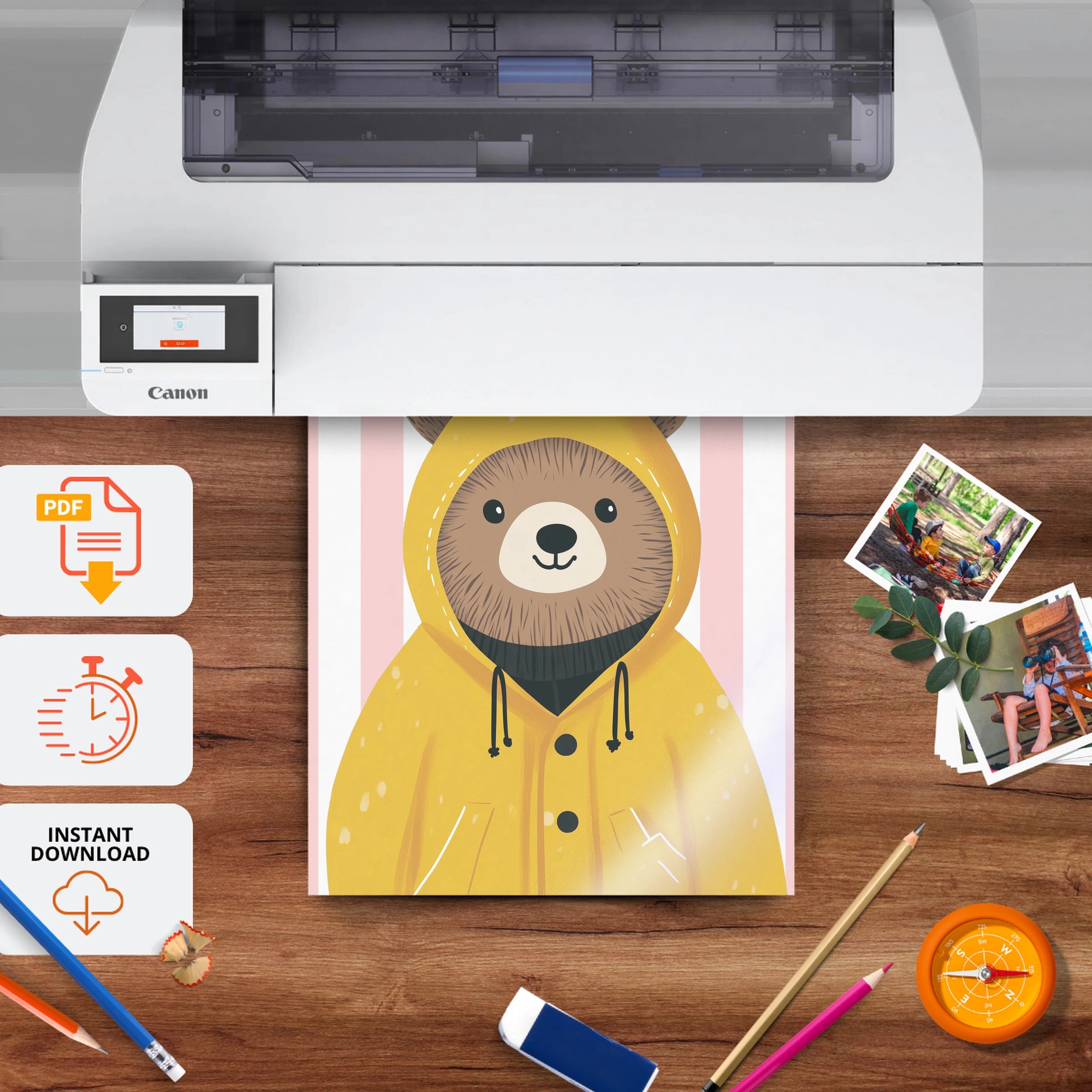 Bear in a Raincoat Nursery Print - printable nursery wall art, instant download to print at home