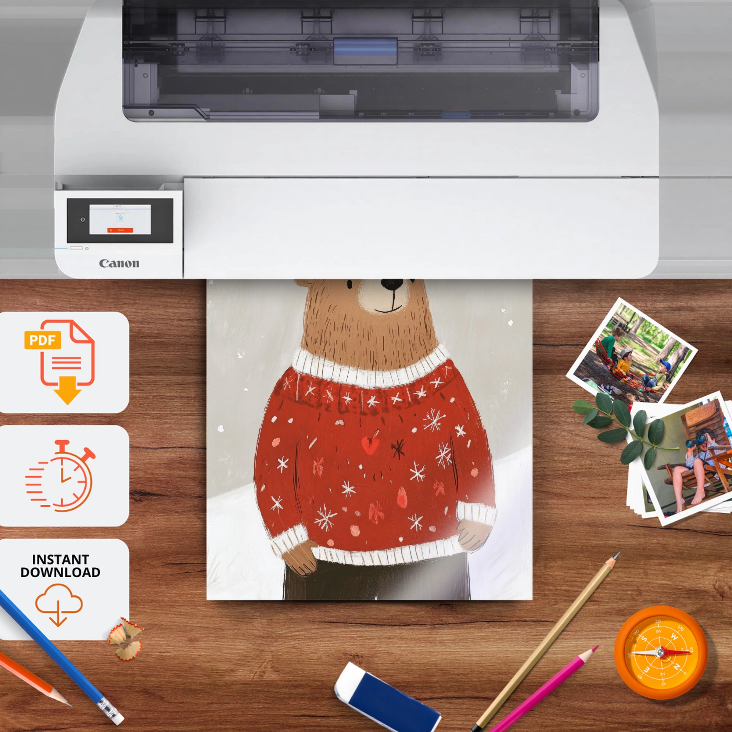 Bear in a Red Sweater Christmas Print - printable nursery wall art, instant download to print at home