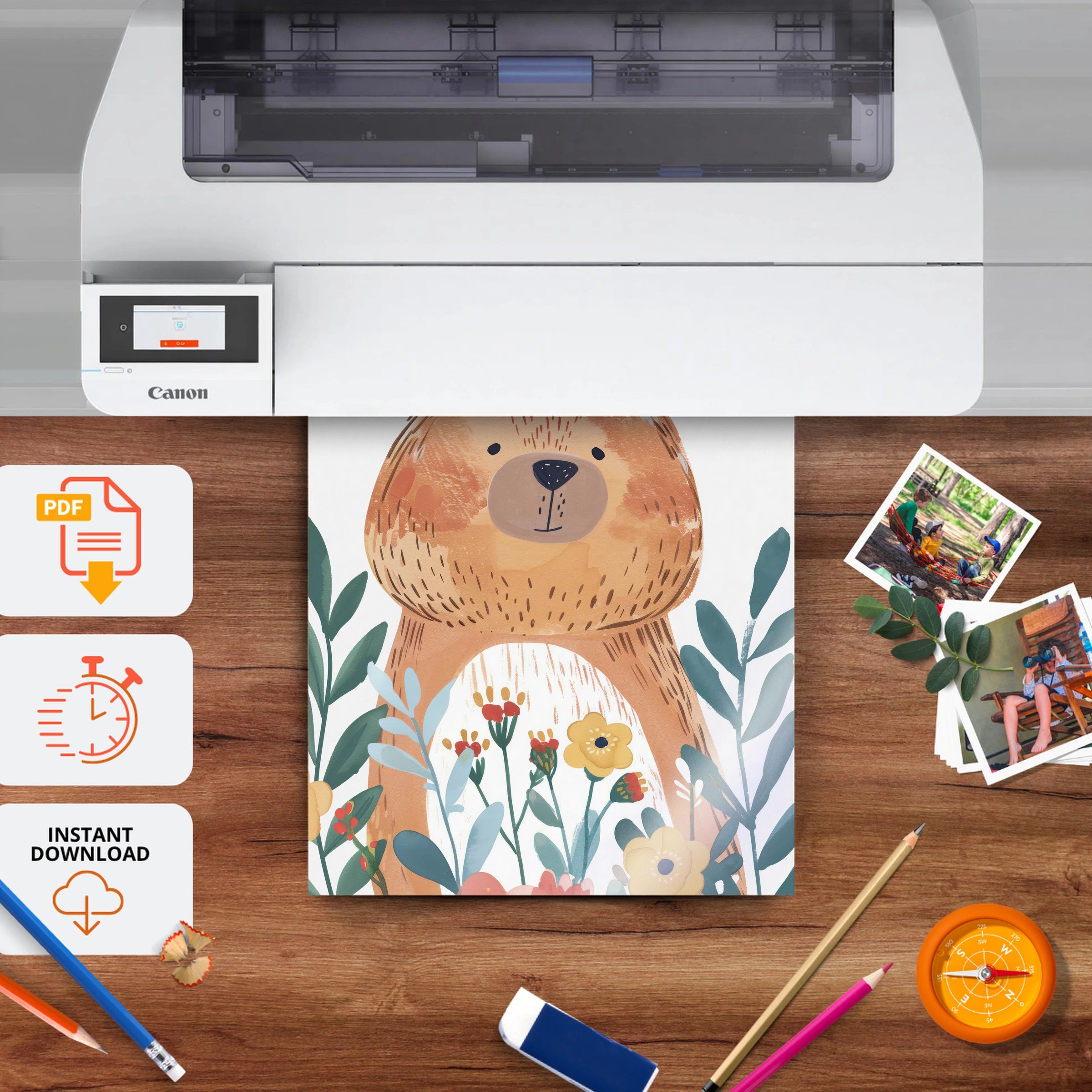 Bear in Flowers Nursery Print - printable nursery wall art, instant download to print at home