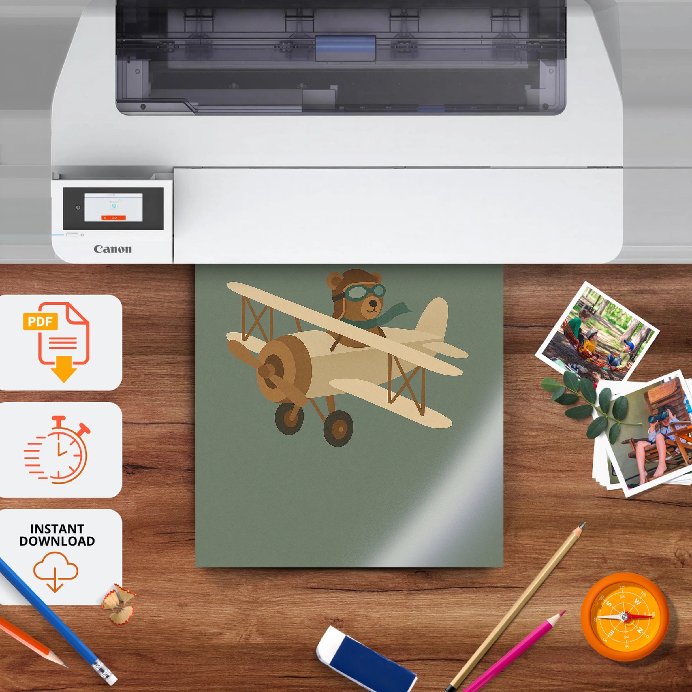 Bear Pilot in a Plane Nursery Print - printable nursery wall art, instant download to print at home