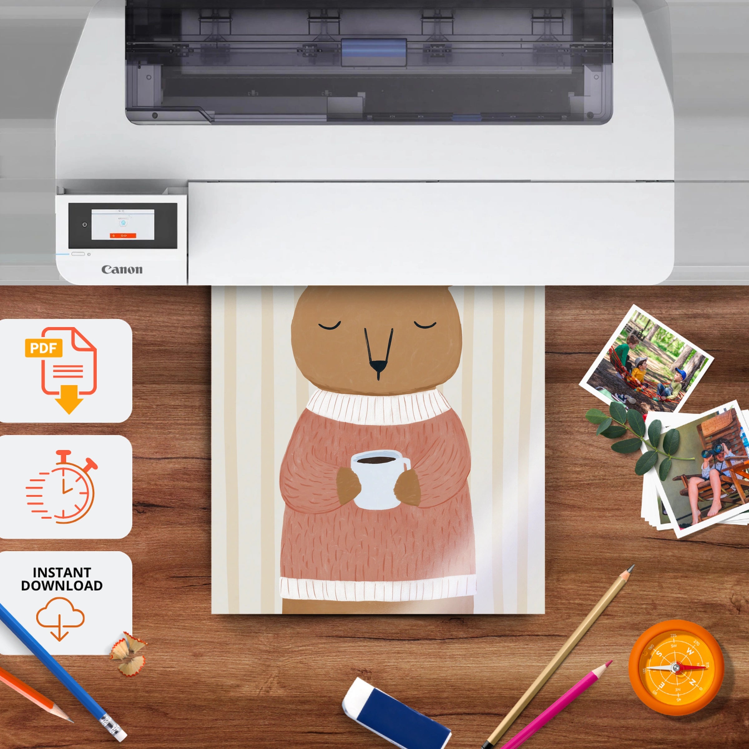 Bear with a Cup Nursery Print - printable nursery wall art, instant download to print at home