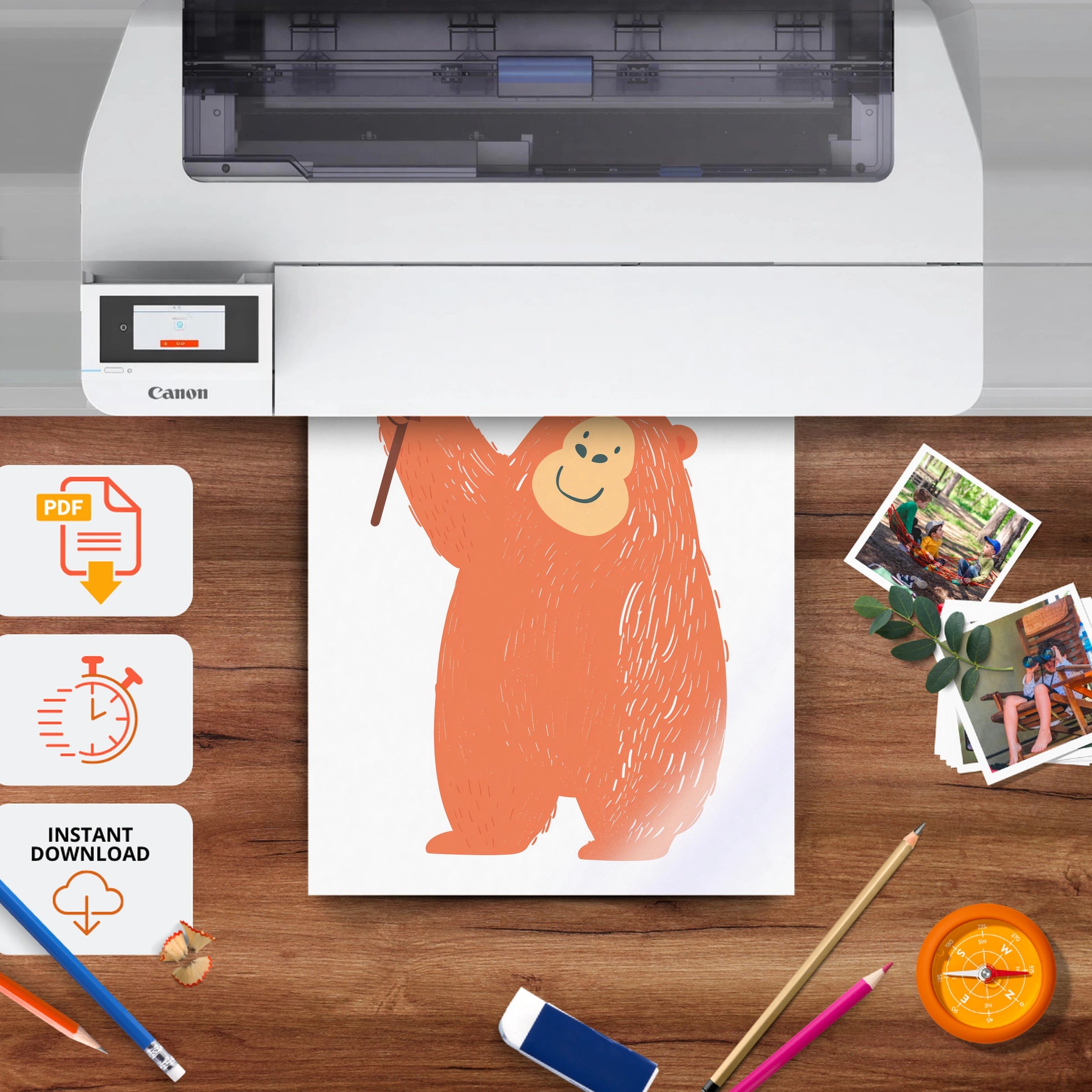 Bear with a Flower Nursery Print - printable nursery wall art, instant download to print at home