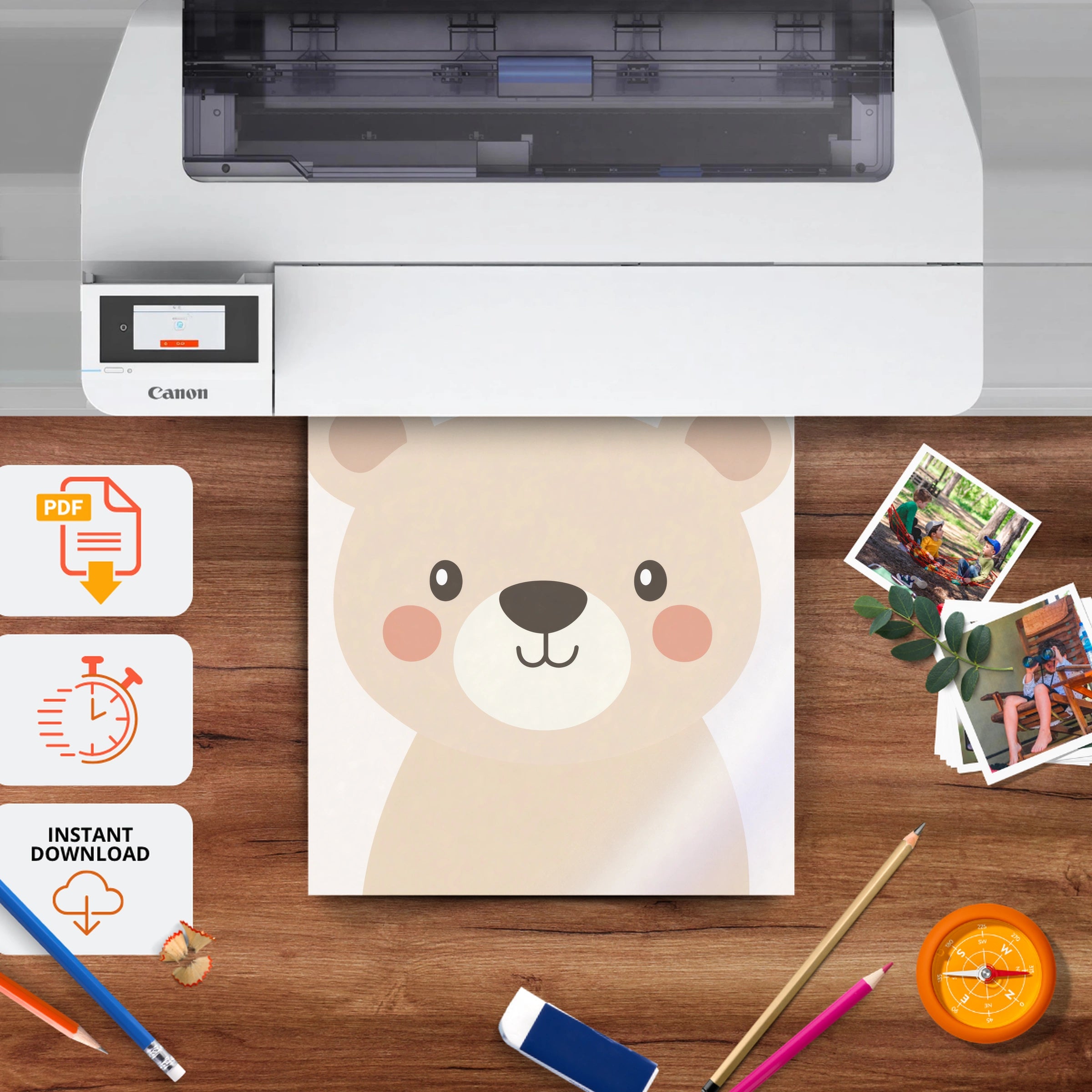 Beige Bear Face Nursery Print - printable nursery wall art, instant download to print at home