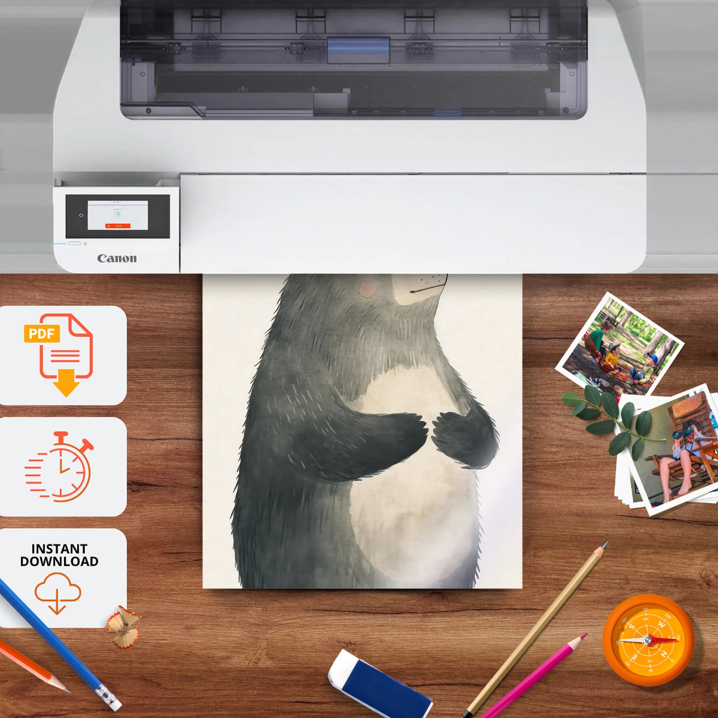 Black and White Bear Nursery Print - printable nursery wall art, instant download to print at home