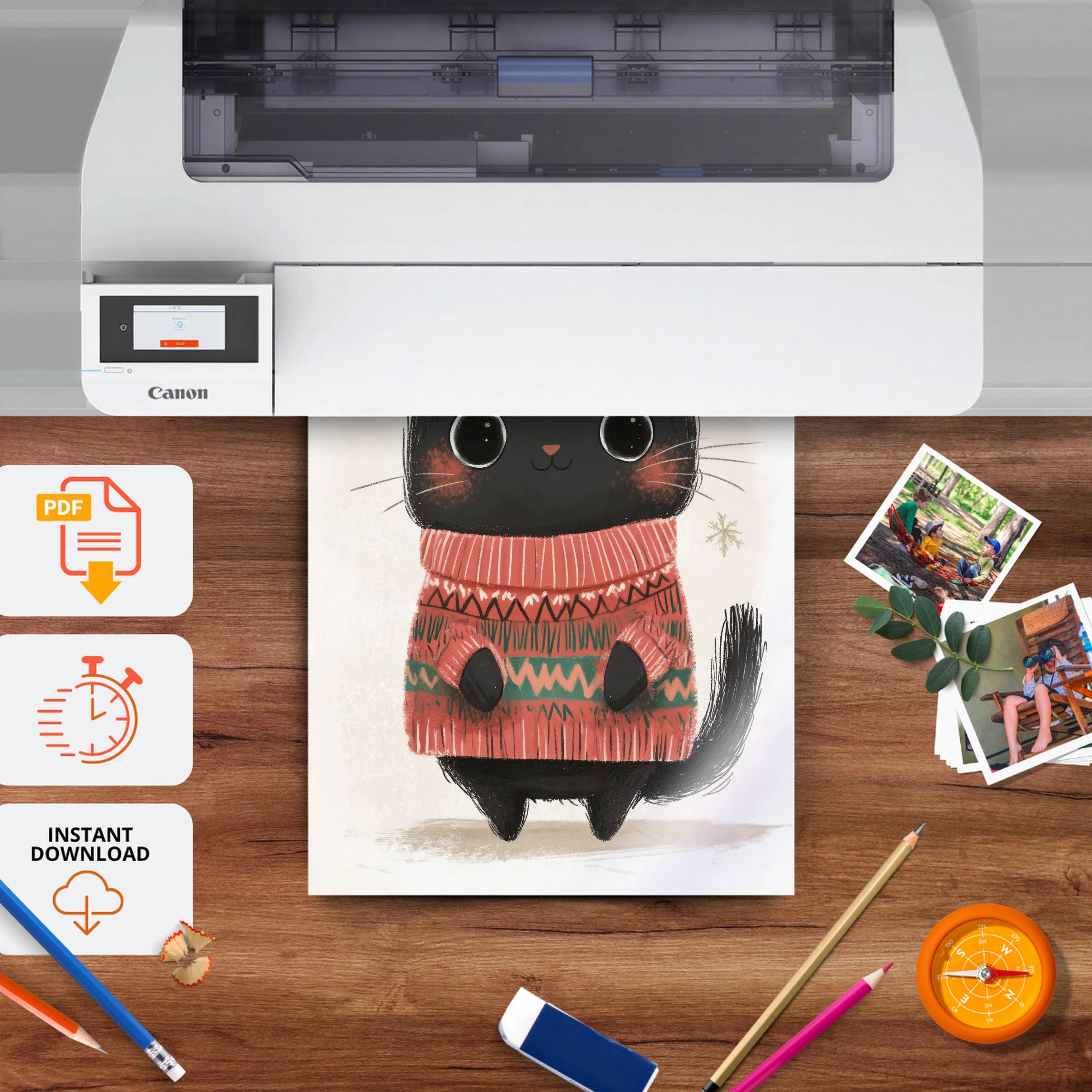 Black Cat in a Sweater Christmas Print - printable nursery wall art, instant download to print at home