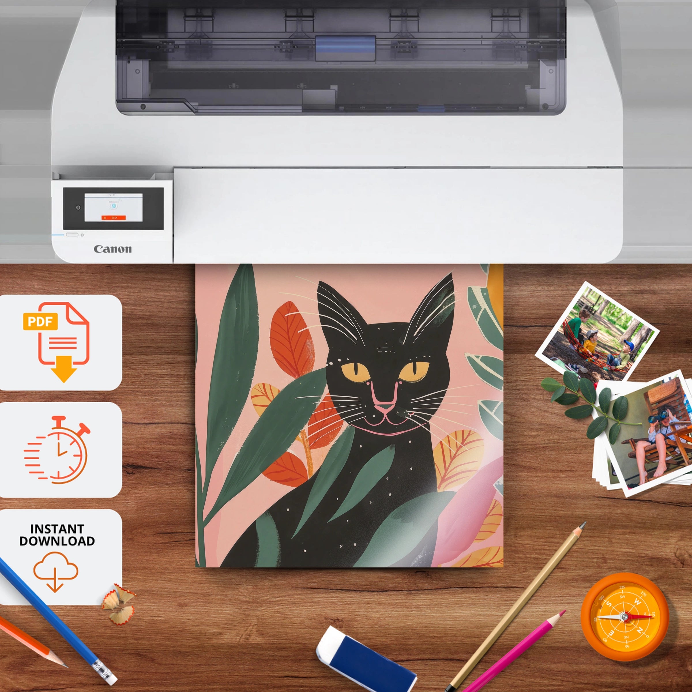 Black Cat in Flowers Nursery Print - printable nursery wall art, instant download to print at home