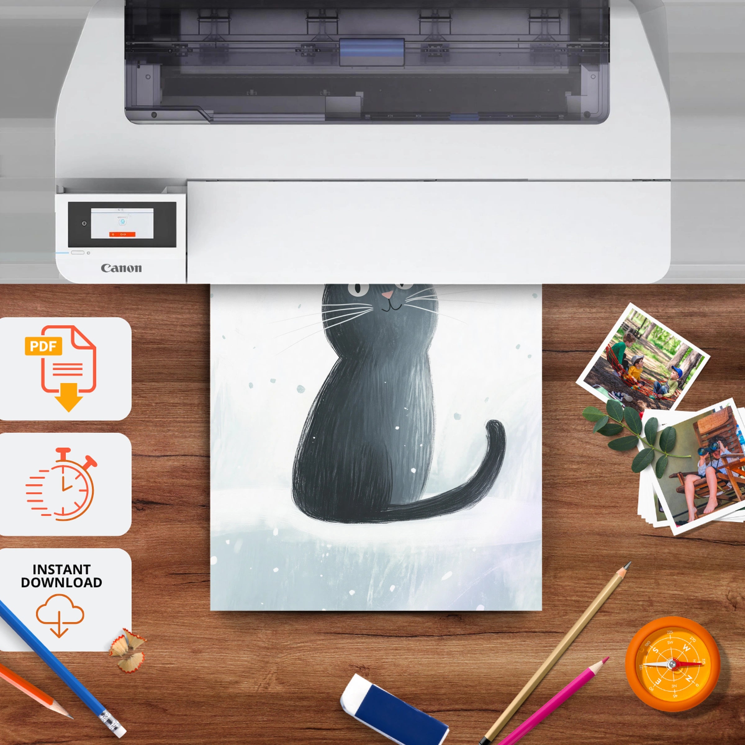 Black Cat in the Snow Christmas Print - printable nursery wall art, instant download to print at home