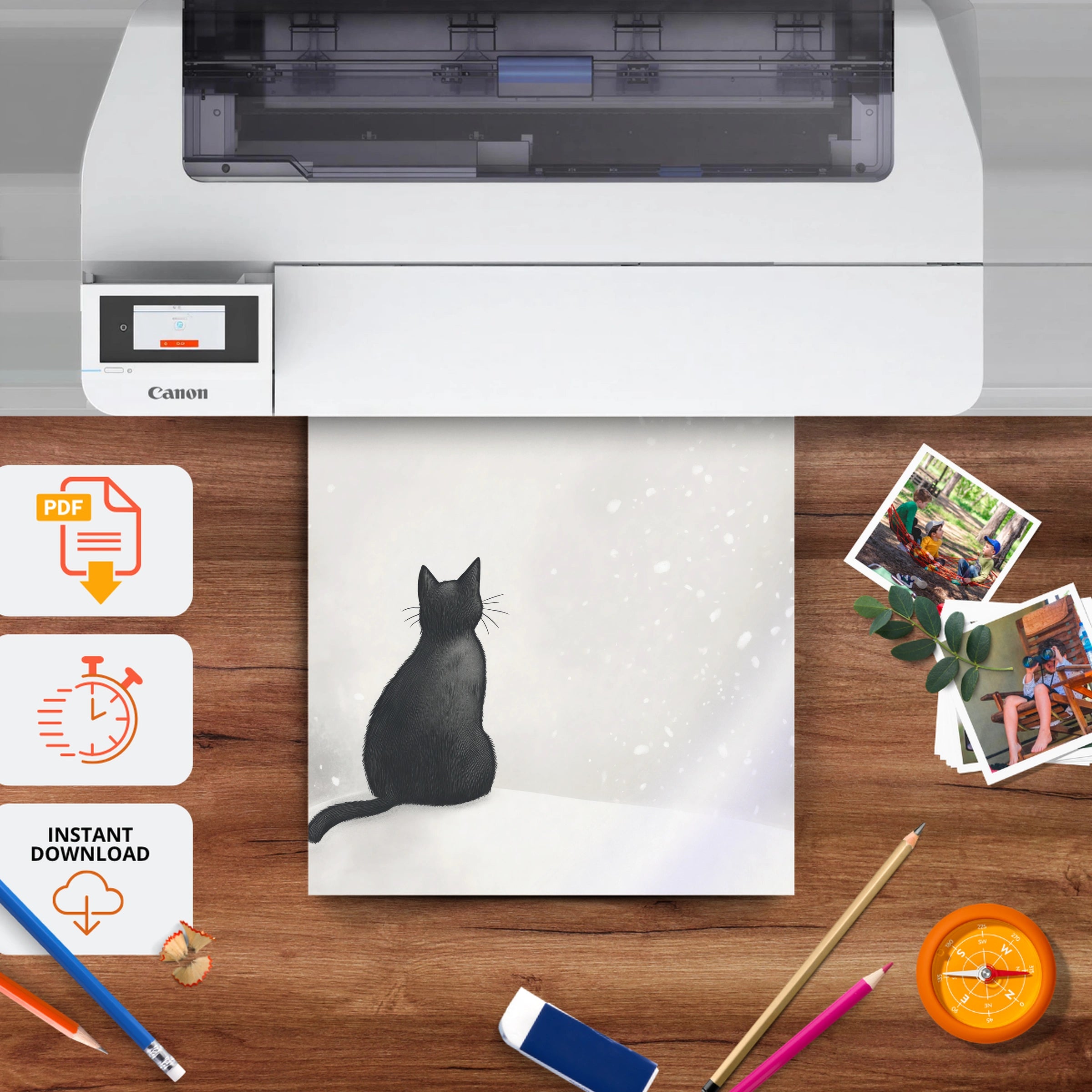 Black Cat in the Snow Two Christmas Print - printable nursery wall art, instant download to print at home