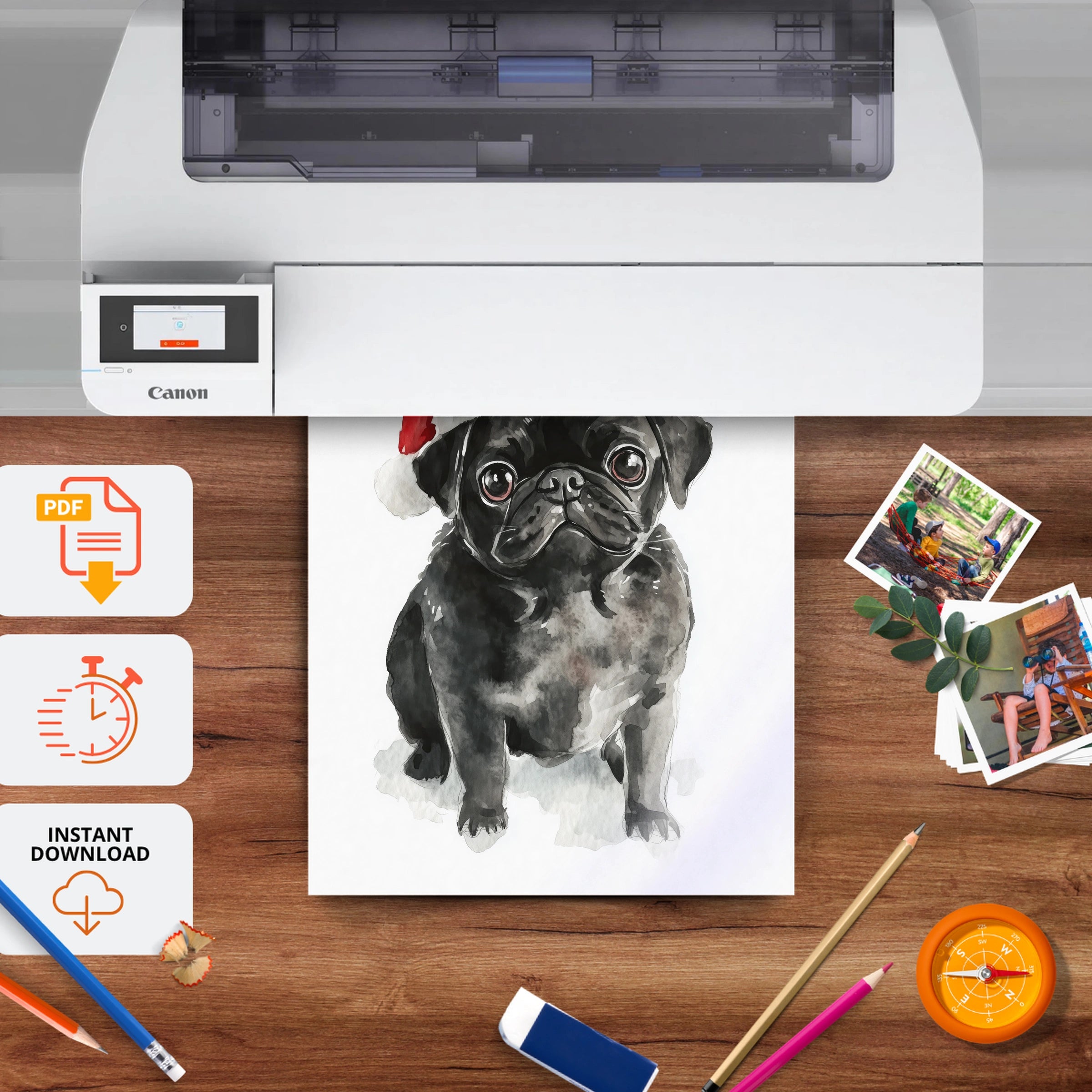 Black Pug in a Santa Hat Christmas Print - printable nursery wall art, instant download to print at home