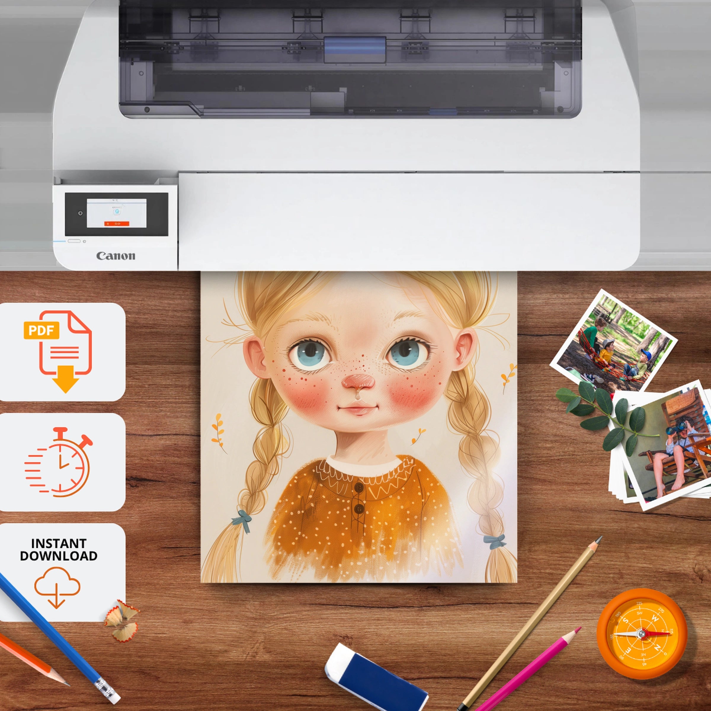 Blonde Girl with Braids Nursery Print - printable nursery wall art, instant download to print at home