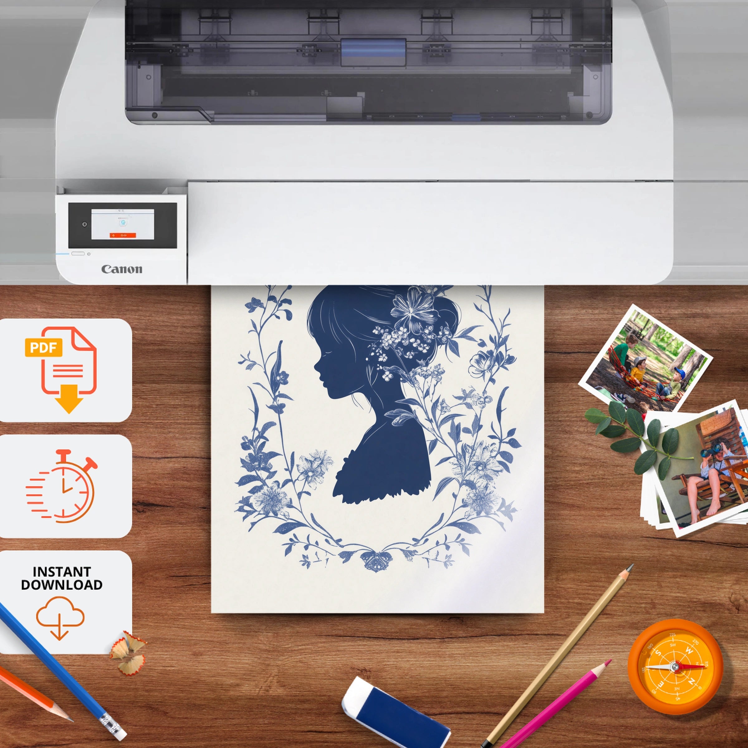 Blue Floral Silhouette Nursery Print - printable nursery wall art, instant download to print at home