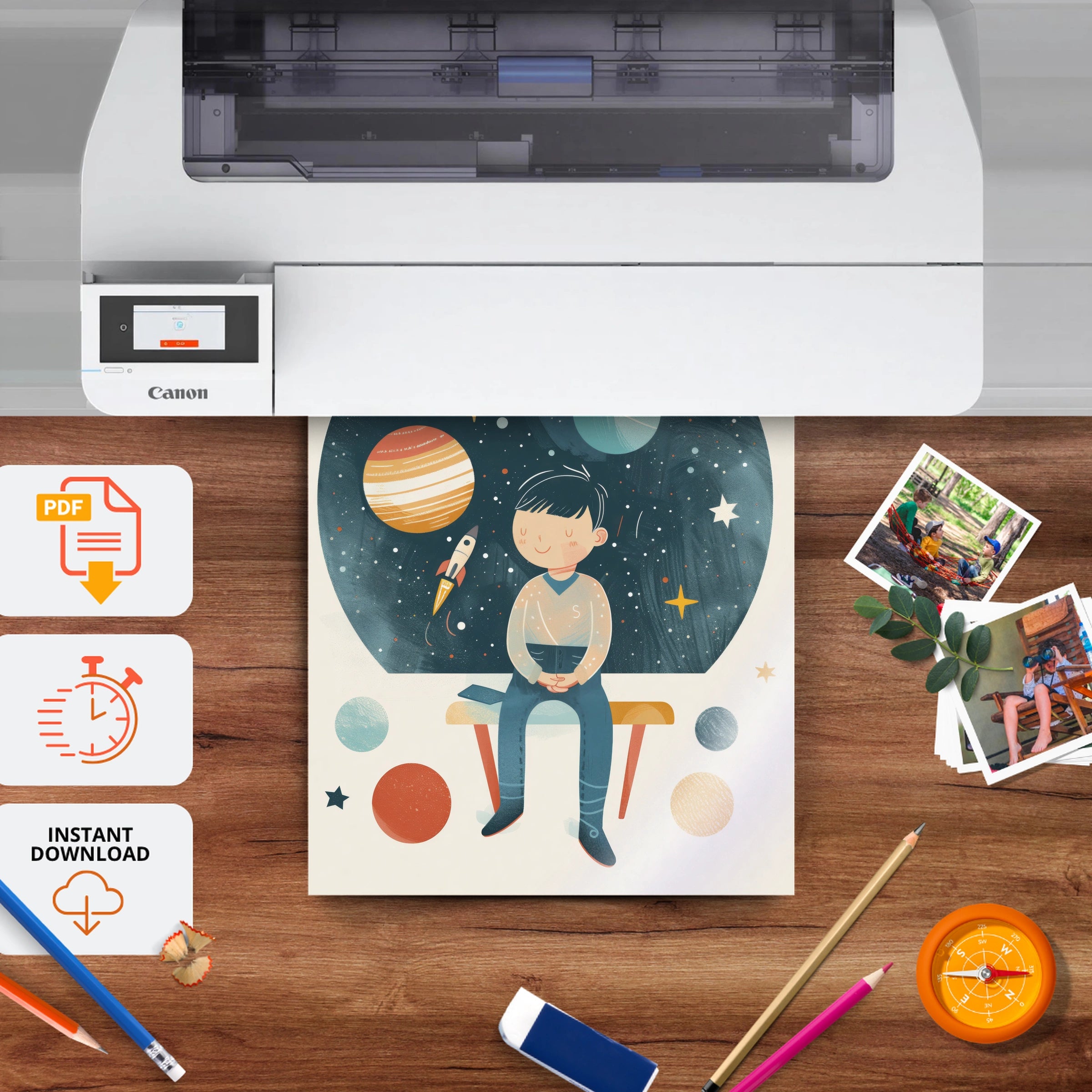Boy and the Planets Nursery Print - printable nursery wall art, instant download to print at home