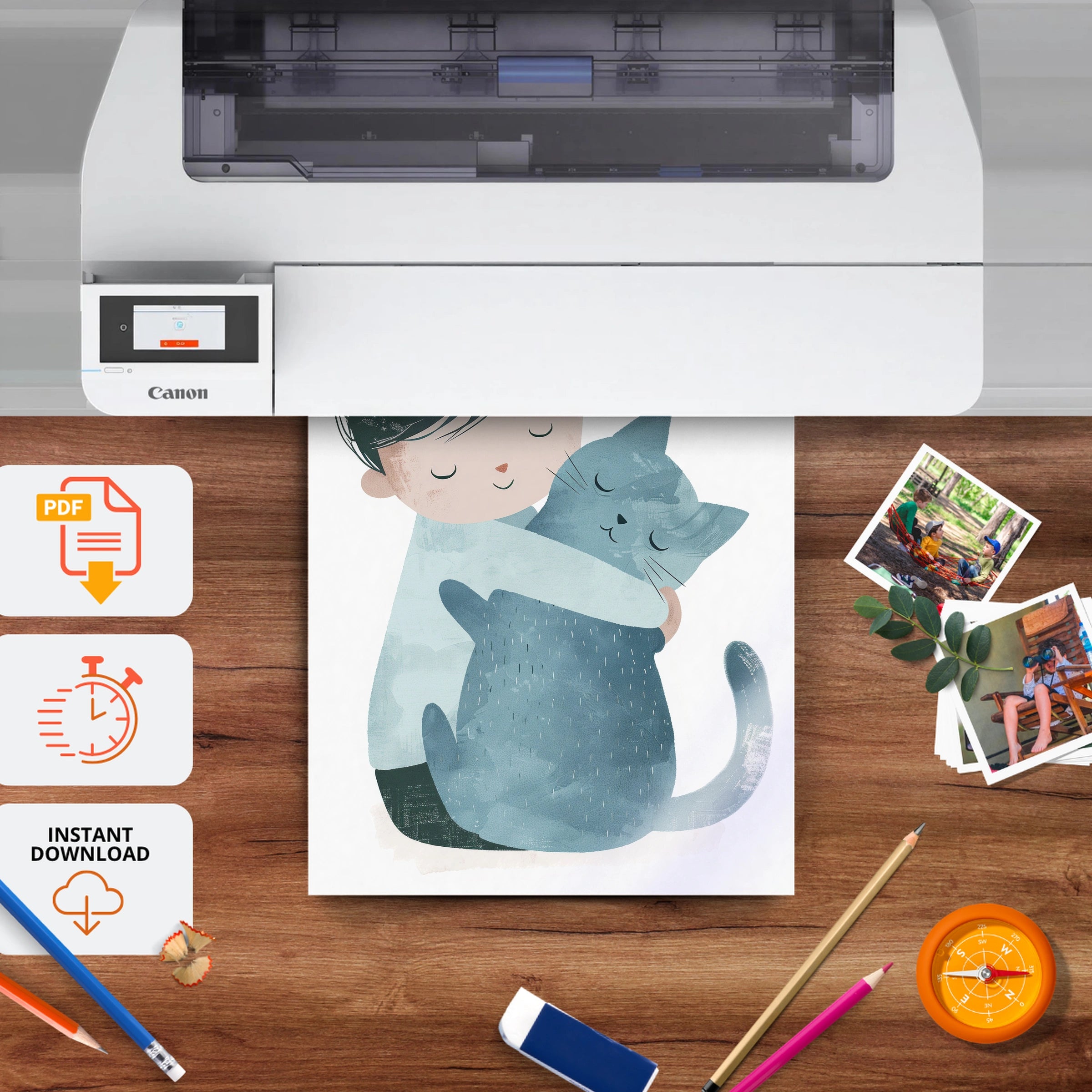Boy Hugging a Cat Nursery Print - printable nursery wall art, instant download to print at home
