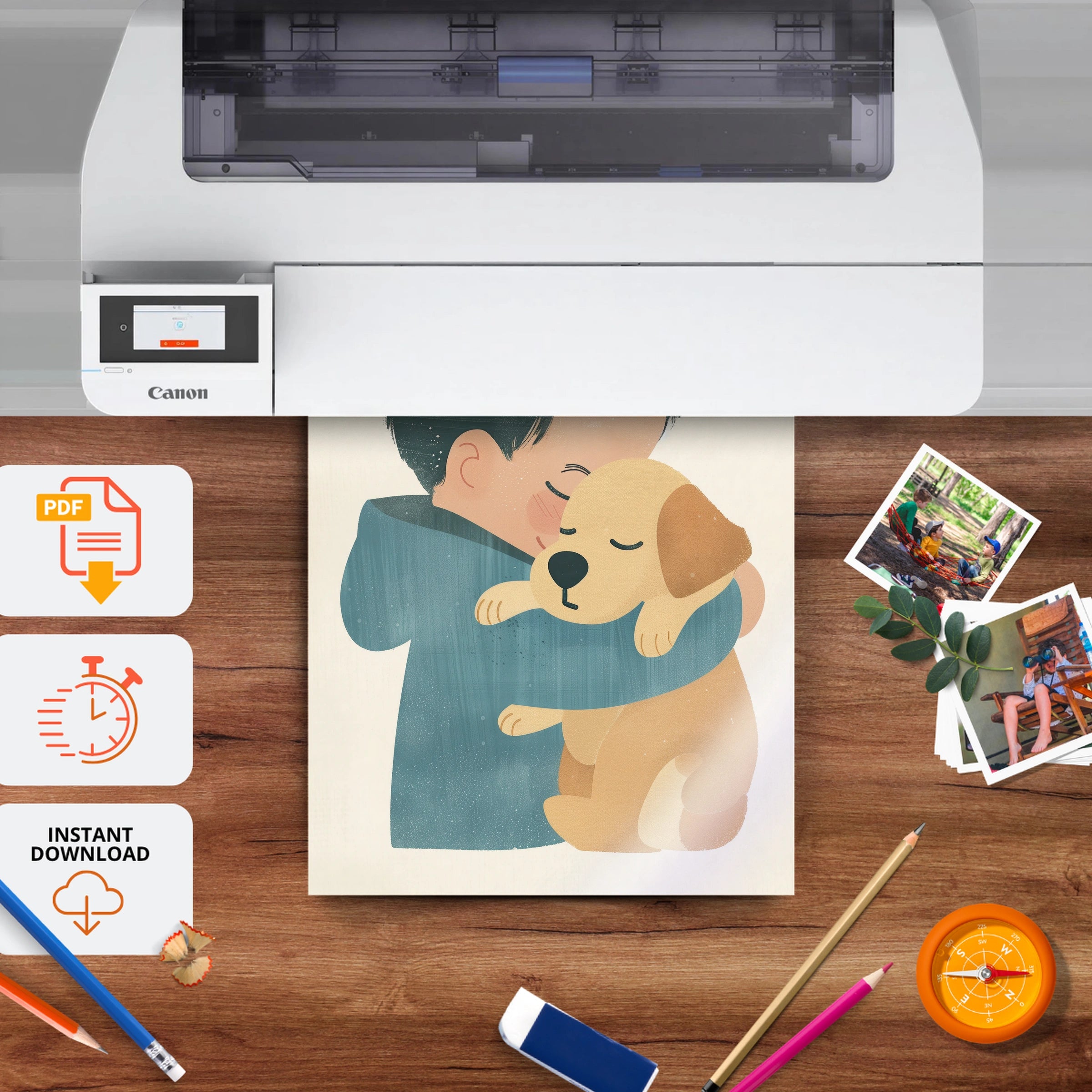 Boy Hugging a Puppy Nursery Print - printable nursery wall art, instant download to print at home