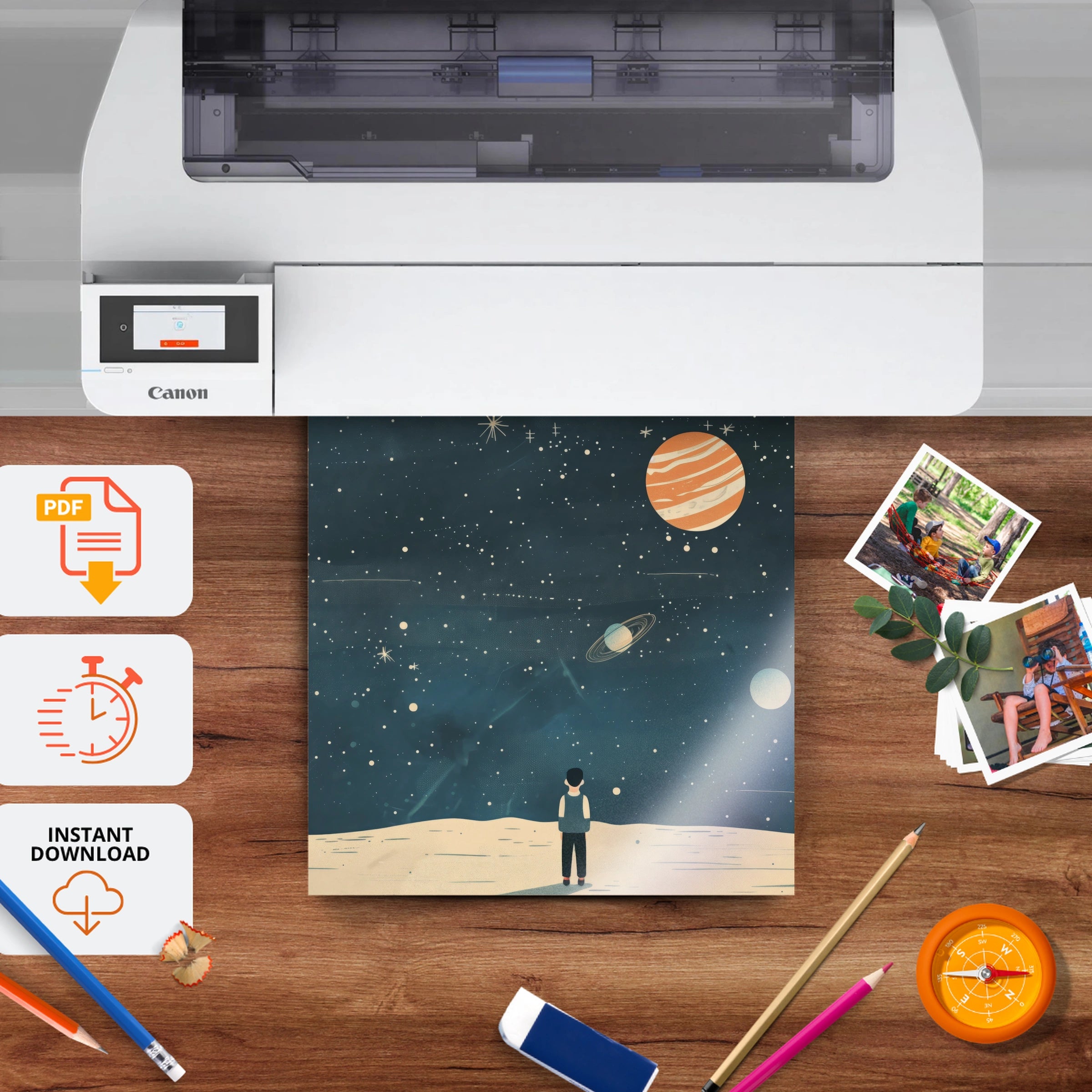 Boy Under the Planets Nursery Print - printable nursery wall art, instant download to print at home