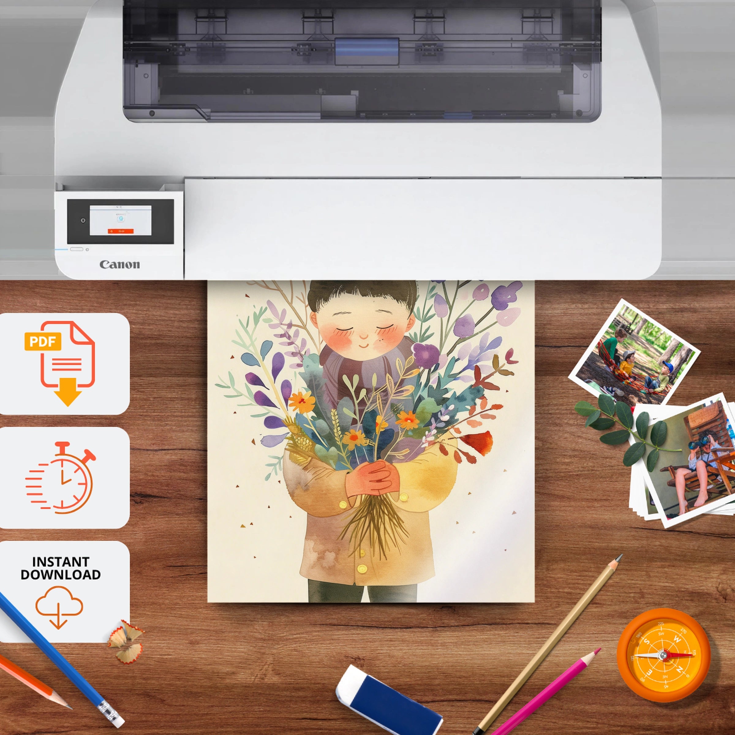 Boy with Flowers Nursery Print - printable nursery wall art, instant download to print at home