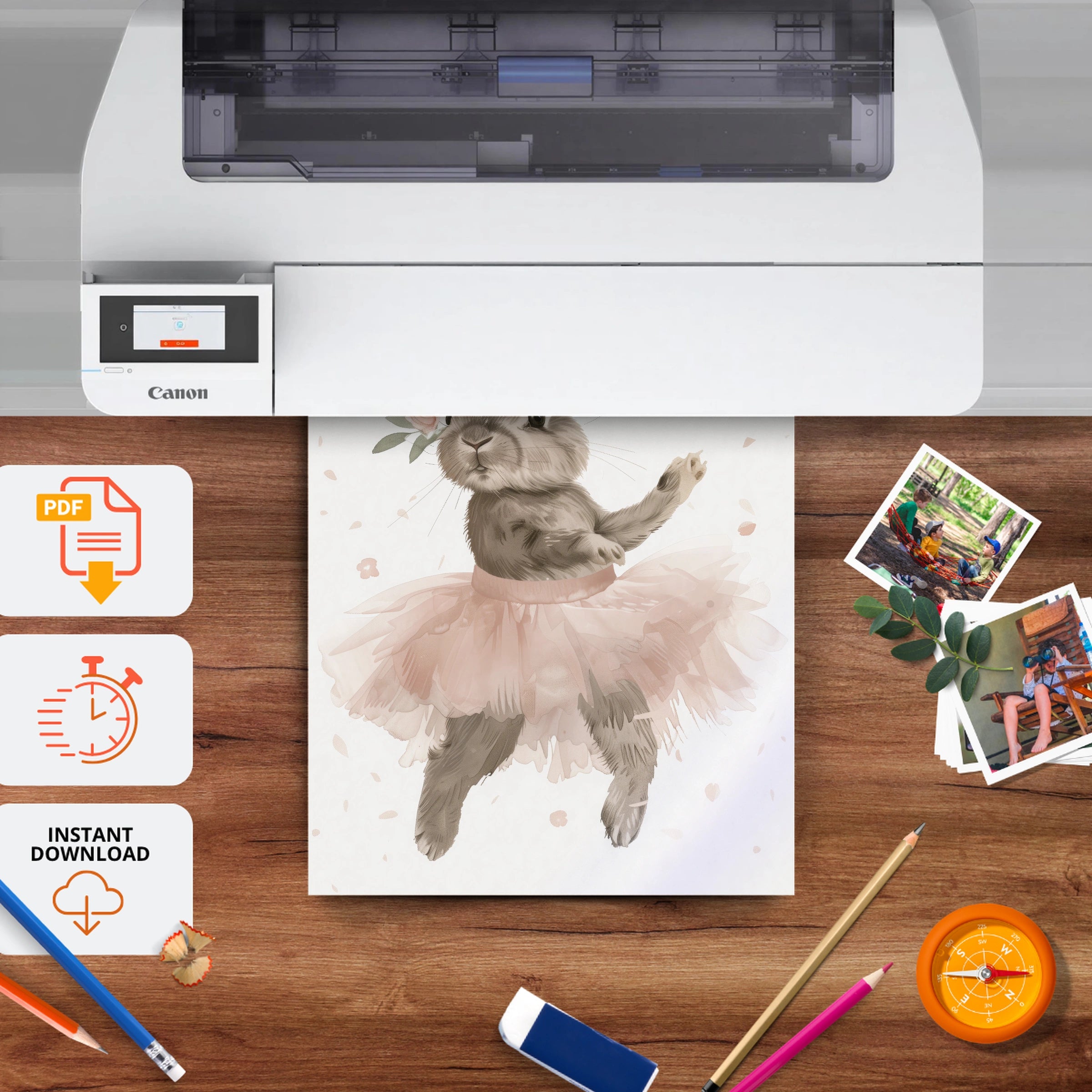 Bunny Ballerina with Flowers Nursery Print - printable nursery wall art, instant download to print at home