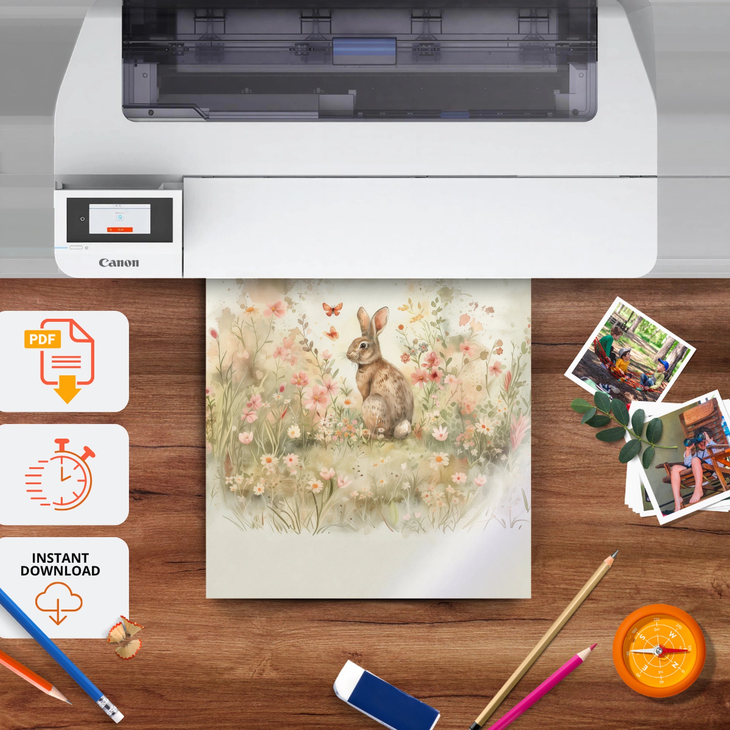 Bunny in a Meadow Nursery Print - printable nursery wall art, instant download to print at home