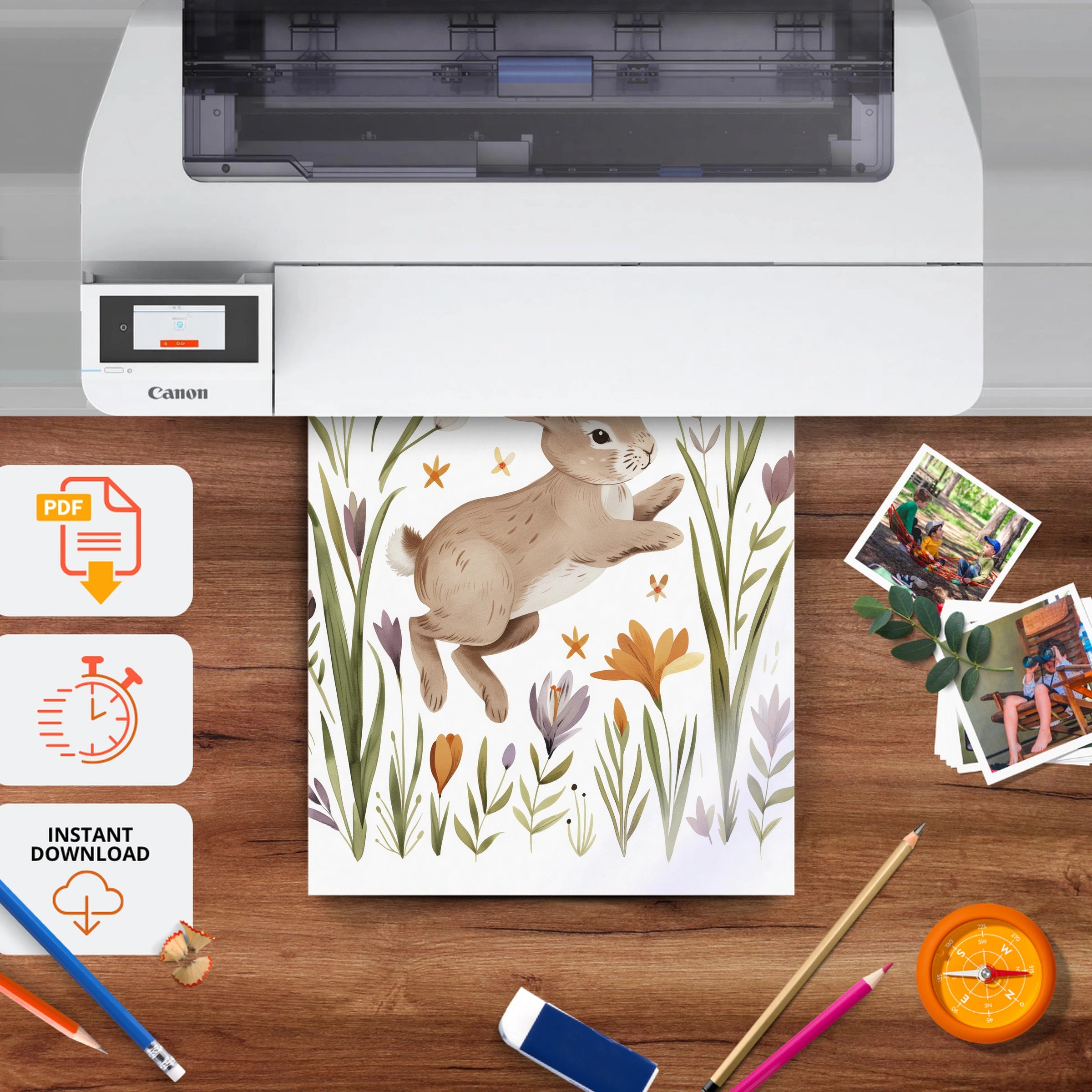 Bunny in Flowers Nursery Print - printable nursery wall art, instant download to print at home