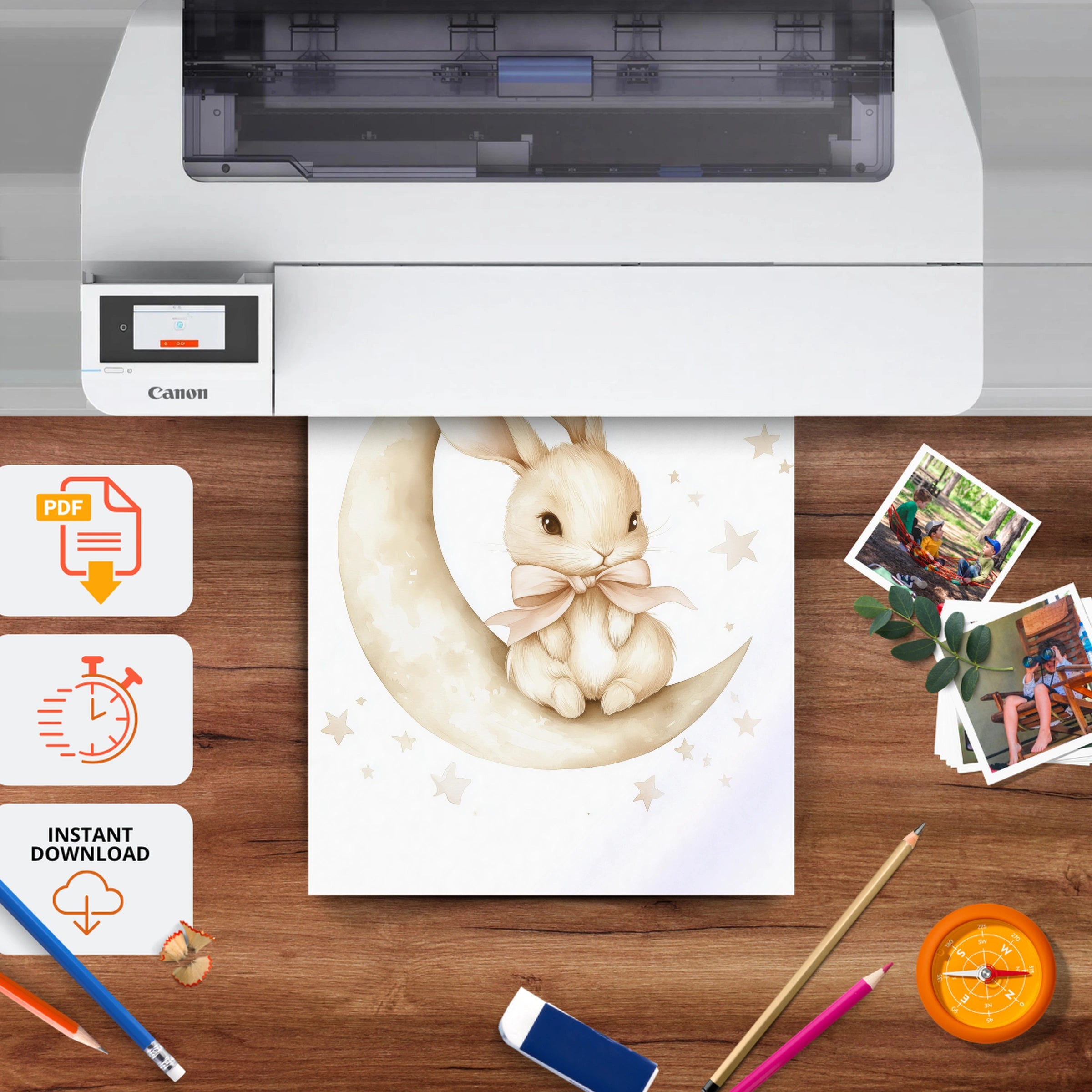 Bunny on the Moon Nursery Print - printable nursery wall art, instant download to print at home