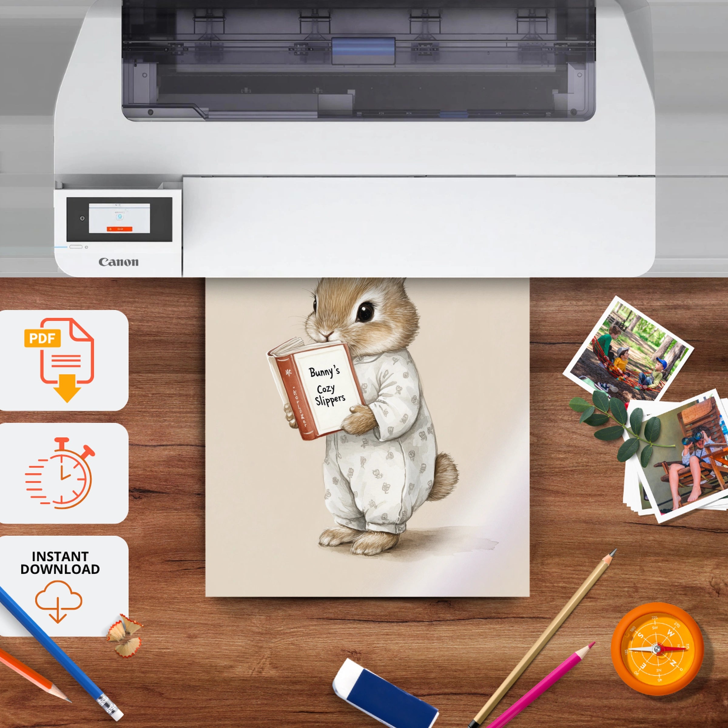 Bunny Reading Nursery Print - printable nursery wall art, instant download to print at home