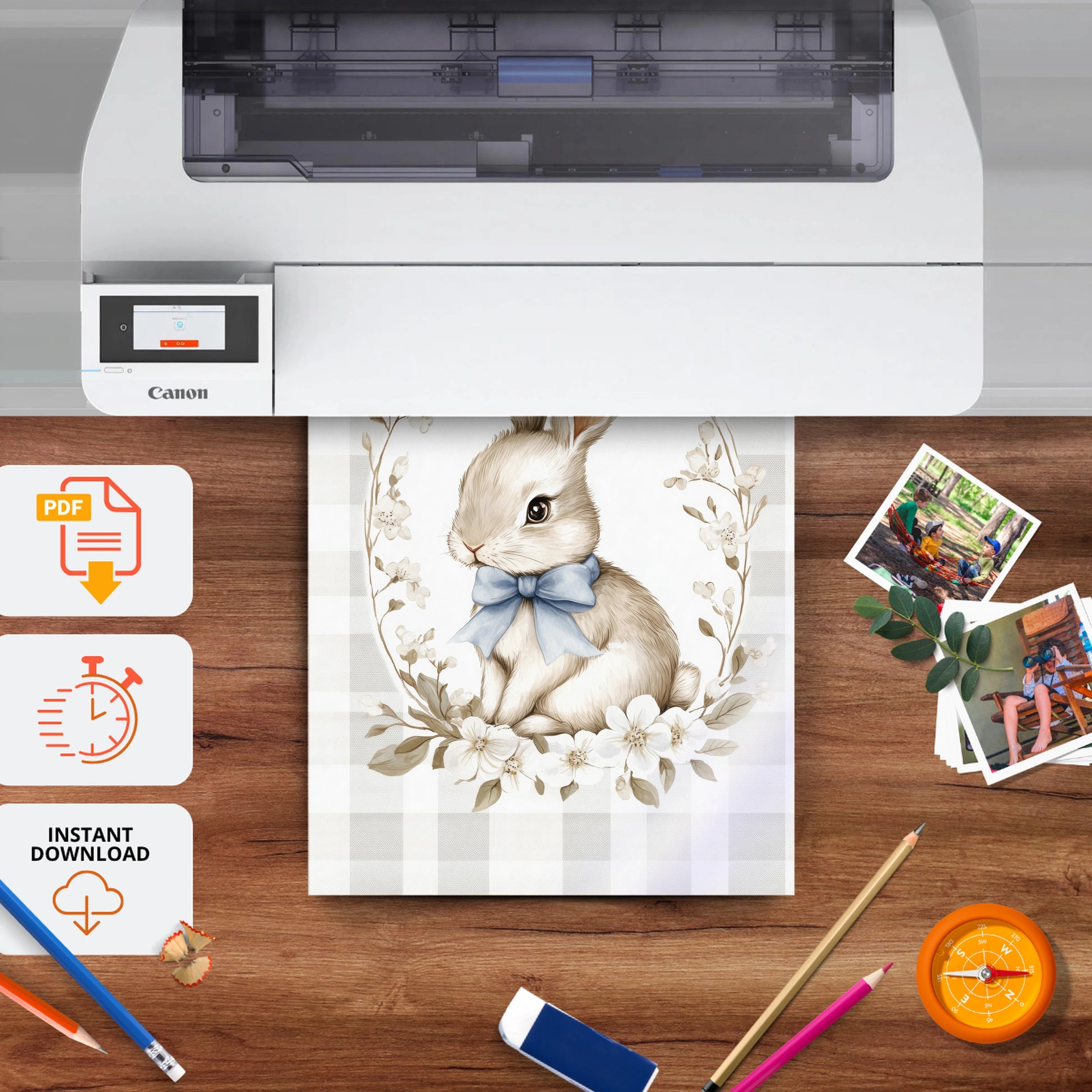 Bunny with a Bow Nursery Print - printable nursery wall art, instant download to print at home