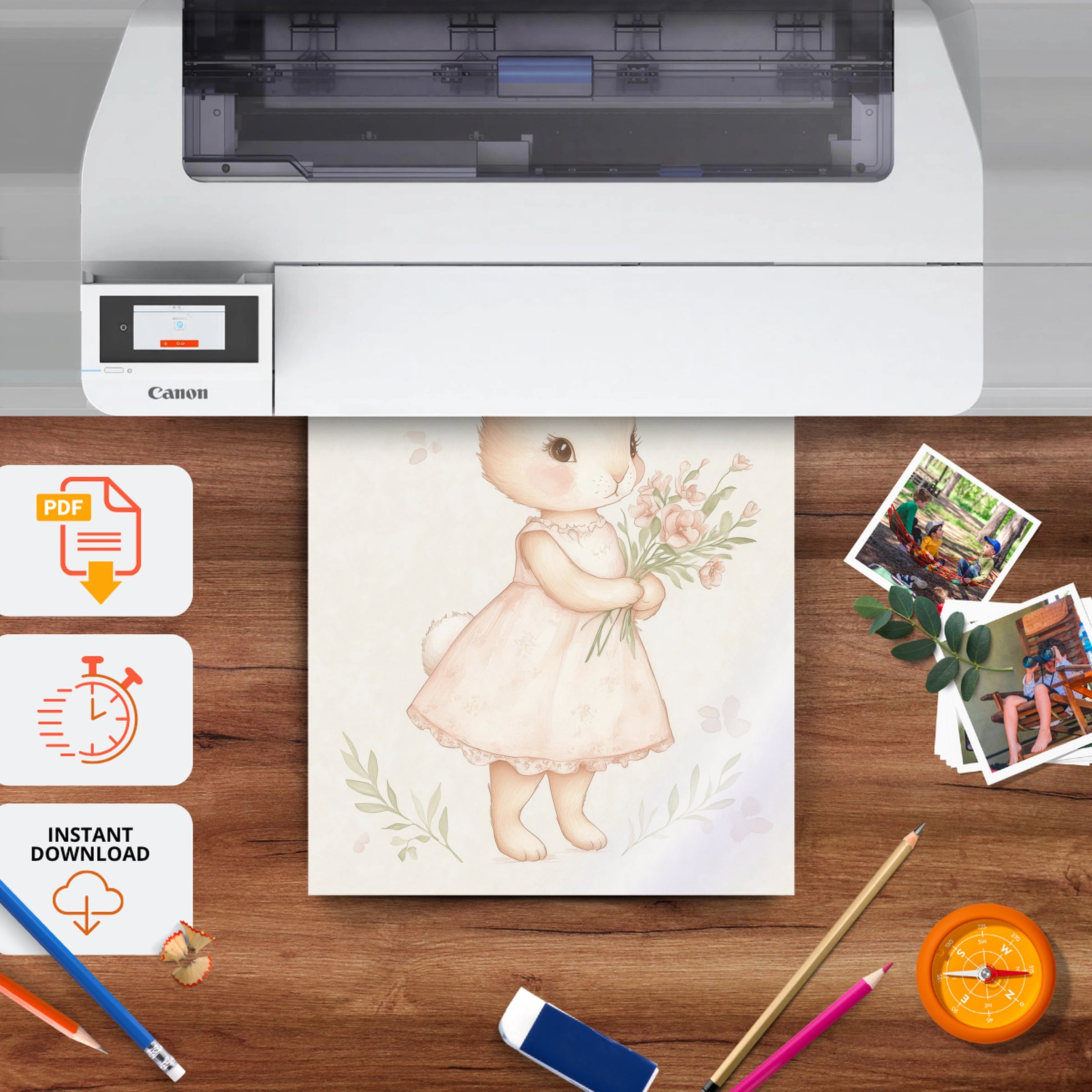 Bunny with a Posy Nursery Print - printable nursery wall art, instant download to print at home