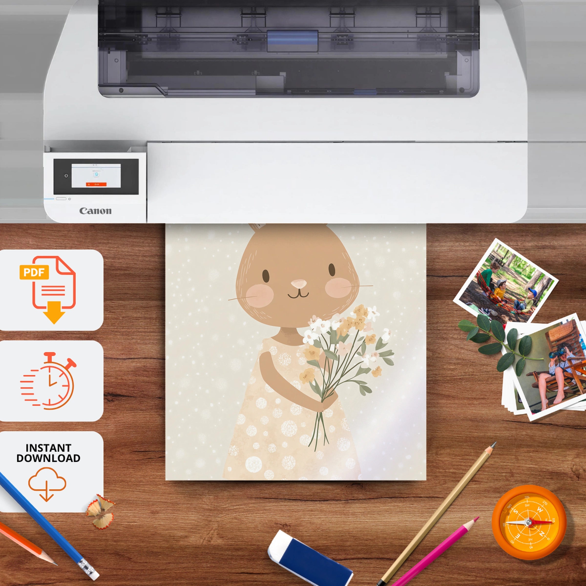 Bunny with Flowers Two Nursery Print - printable nursery wall art, instant download to print at home