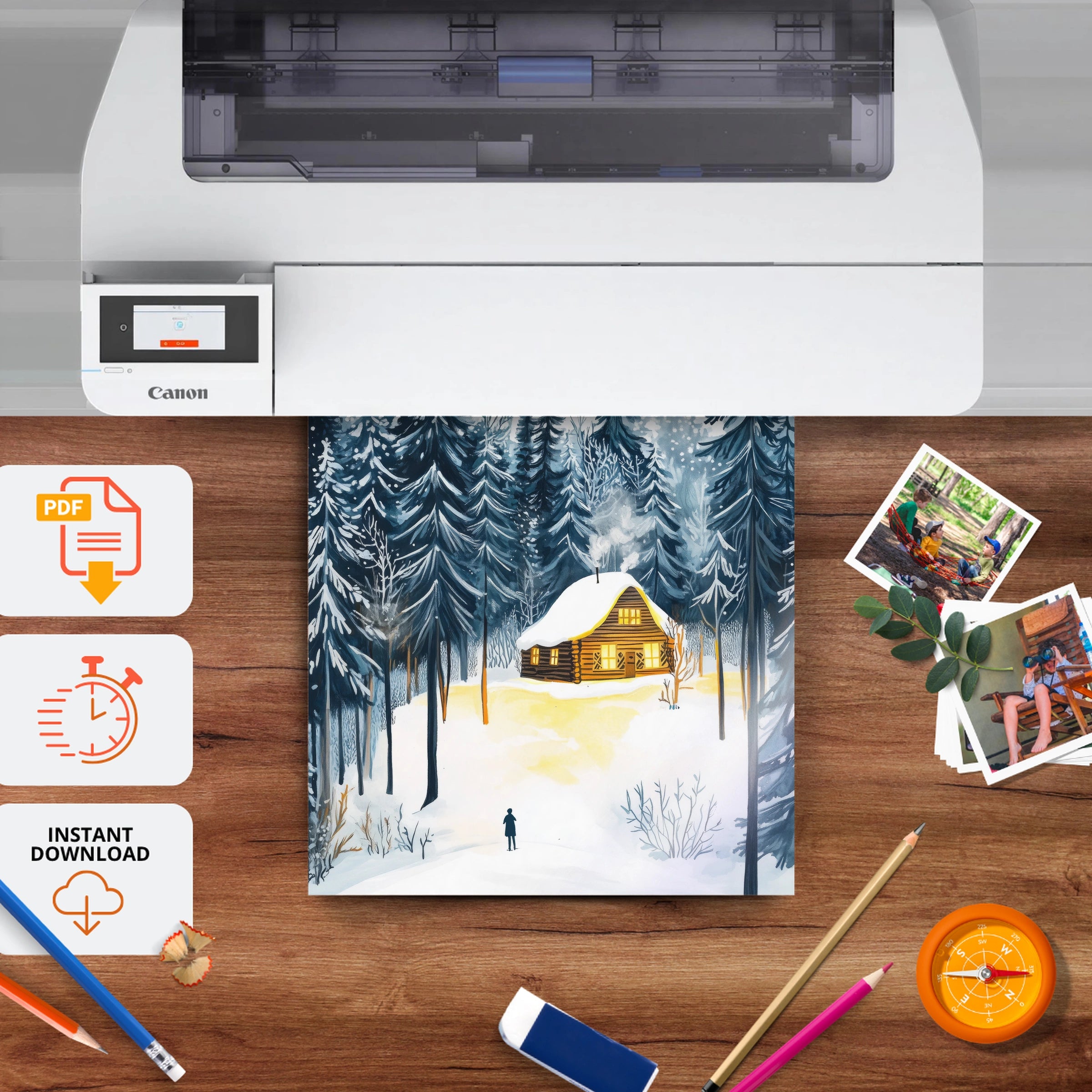 Cabin in the Forest Christmas Print - printable nursery wall art, instant download to print at home