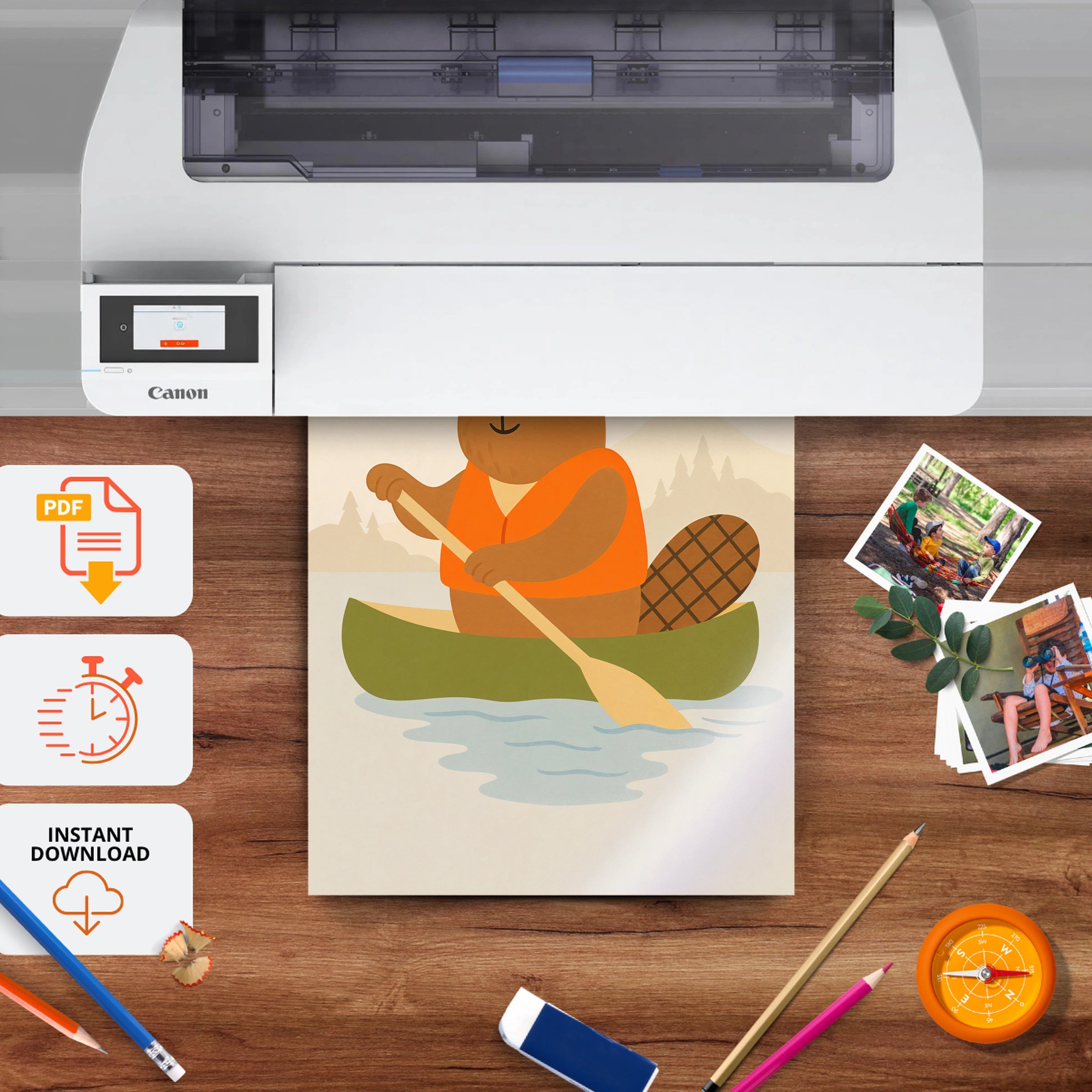 Canoeing Bear Nursery Print - printable nursery wall art, instant download to print at home
