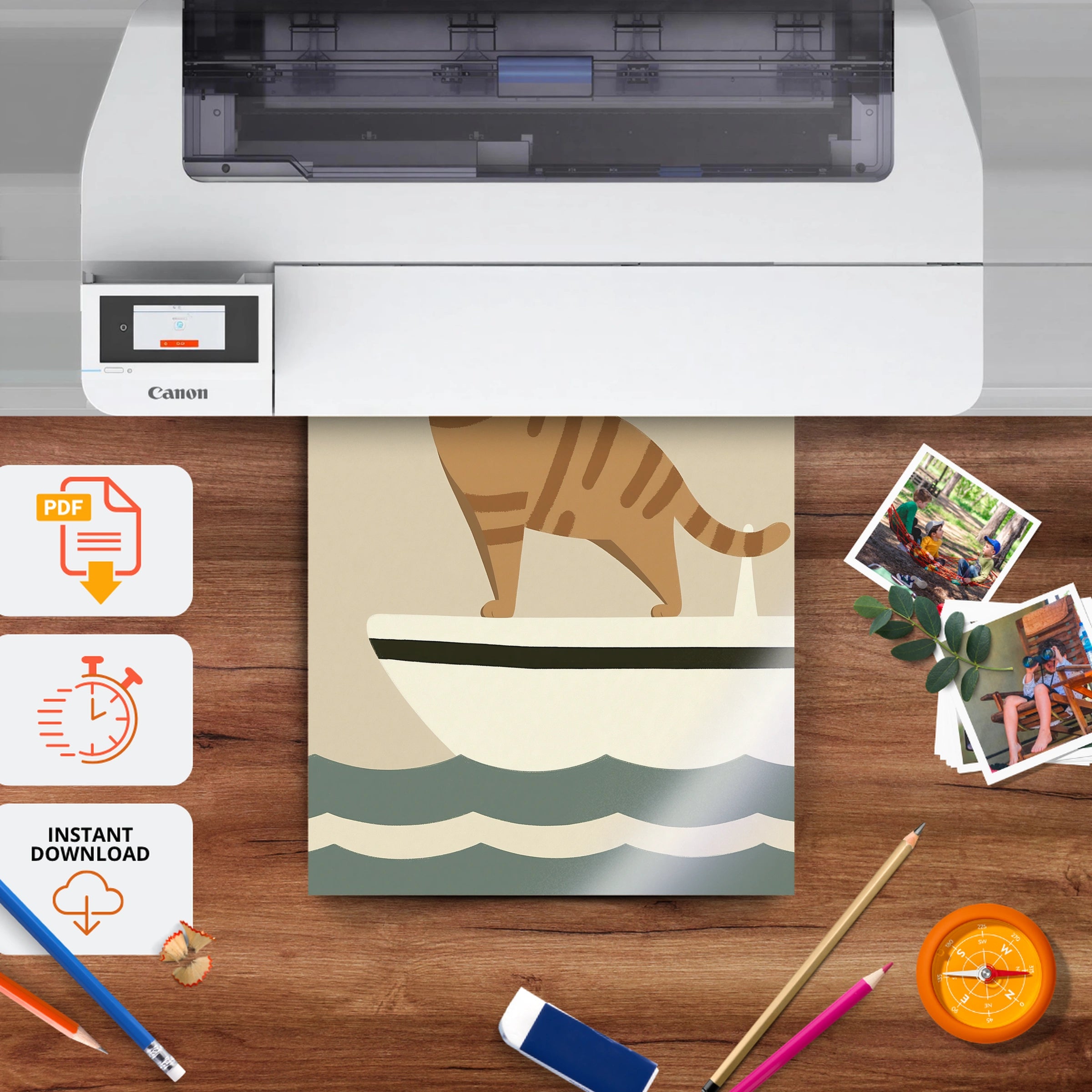 Captain Cat on a Boat Nursery Print - printable nursery wall art, instant download to print at home
