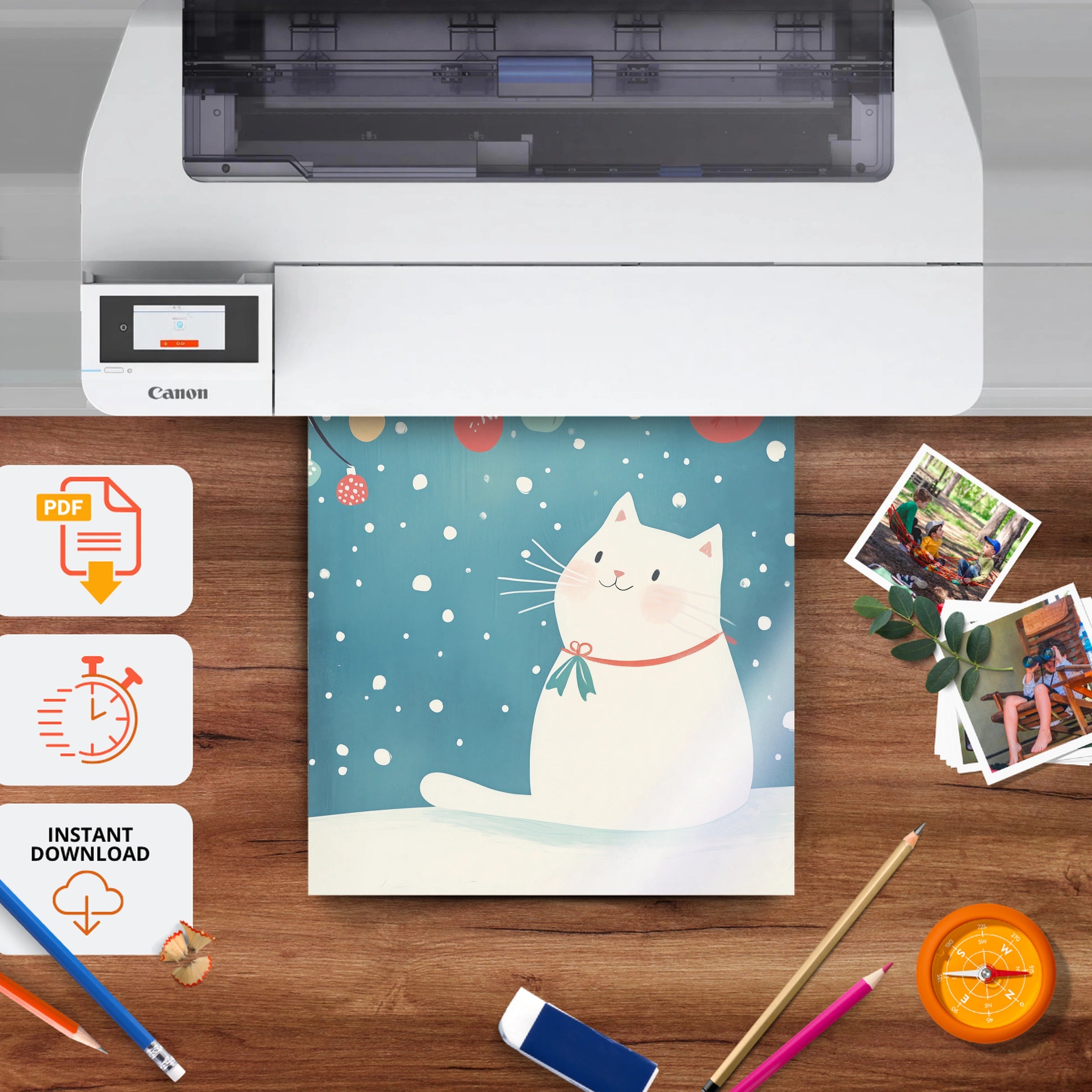 Cat and Ornaments Christmas Print - printable nursery wall art, instant download to print at home