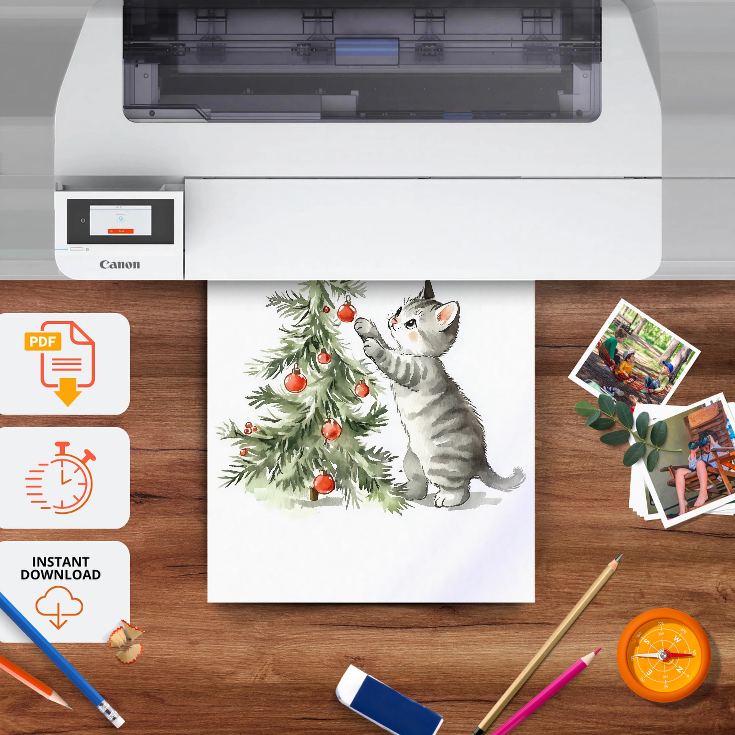 Cat and the Christmas Tree Print - printable nursery wall art, instant download to print at home