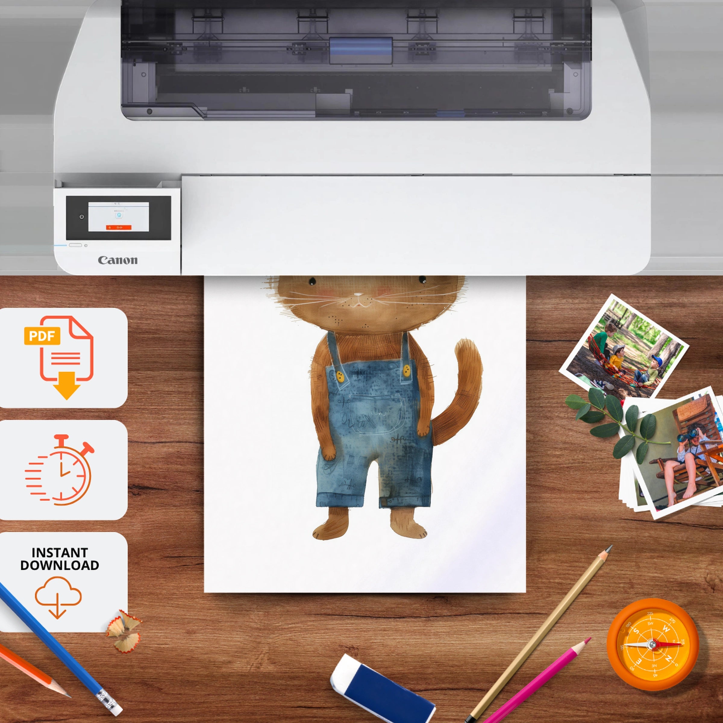 Cat in Overalls Nursery Print - printable nursery wall art, instant download to print at home