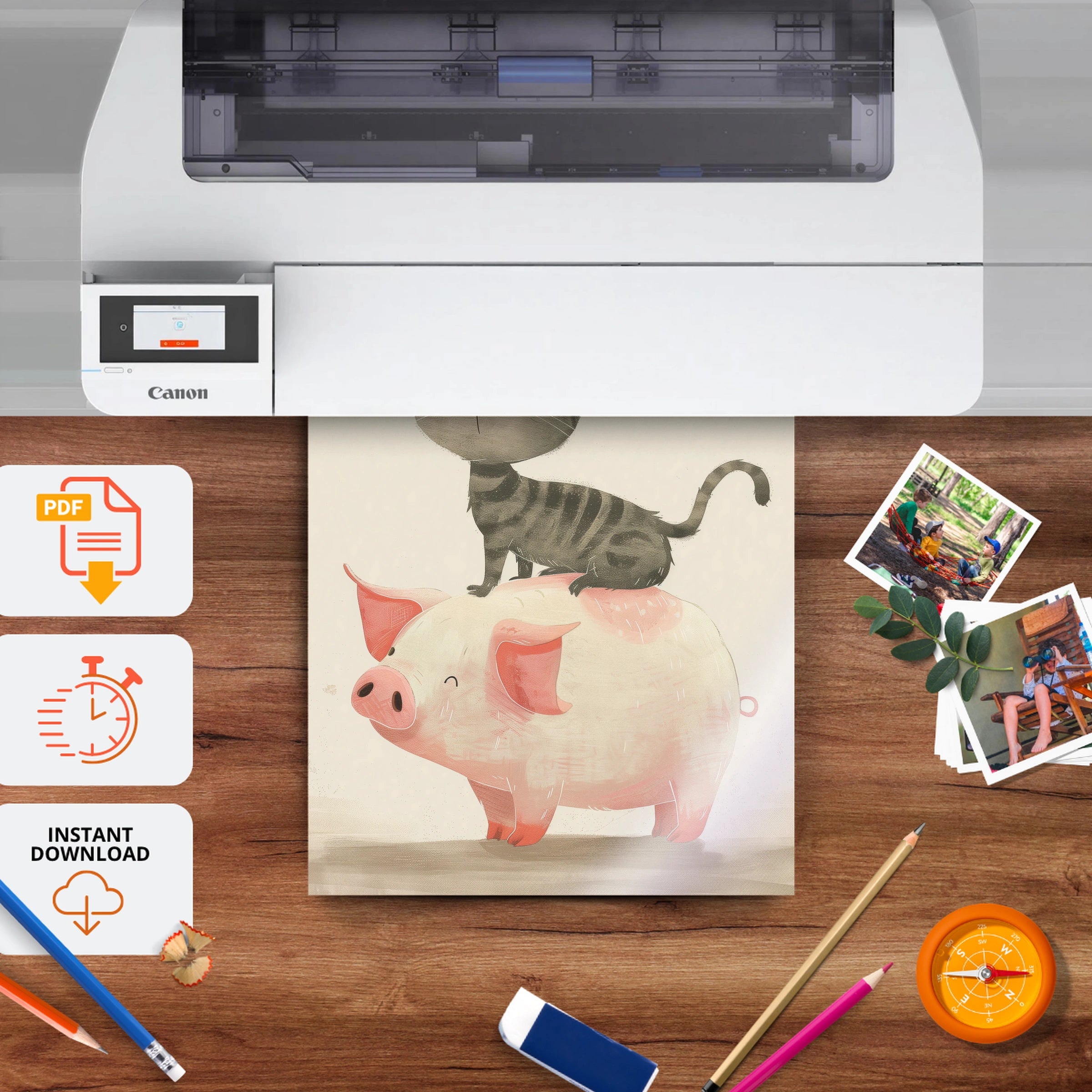 Cat on a Pig Nursery Print - printable nursery wall art, instant download to print at home